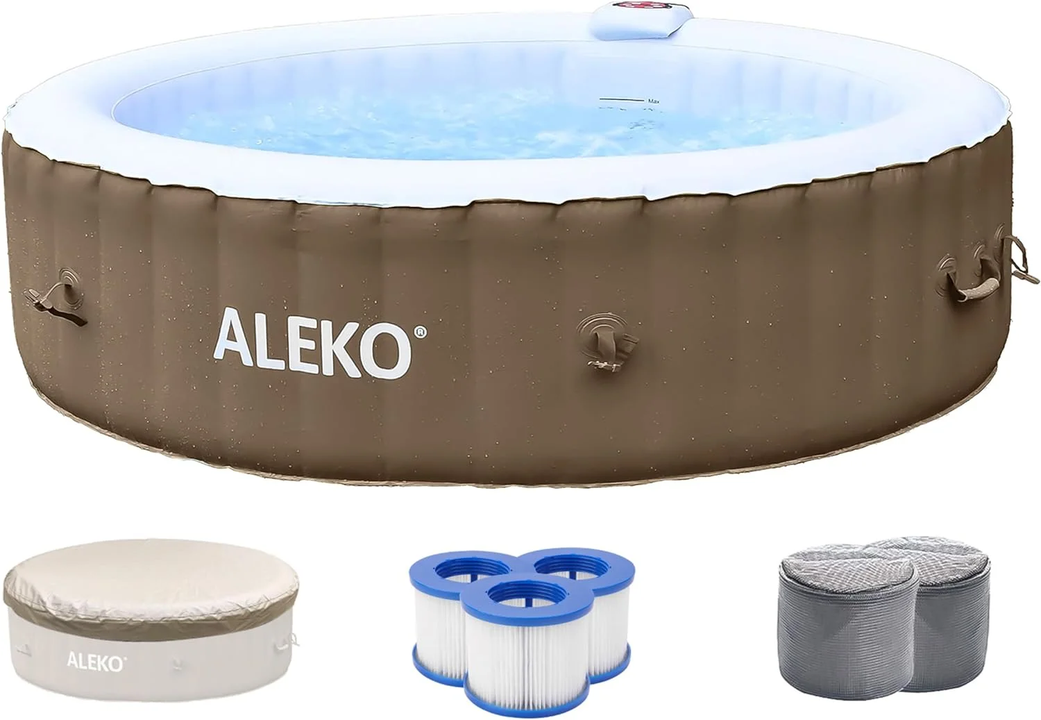 Inflatable Hot Tub Spa | Personal High Powered Jetted Bubble | With Fitted Cover And 3 Filters | 265 Gallon | 6 Person Round | Brown And White | HTIR6BRW