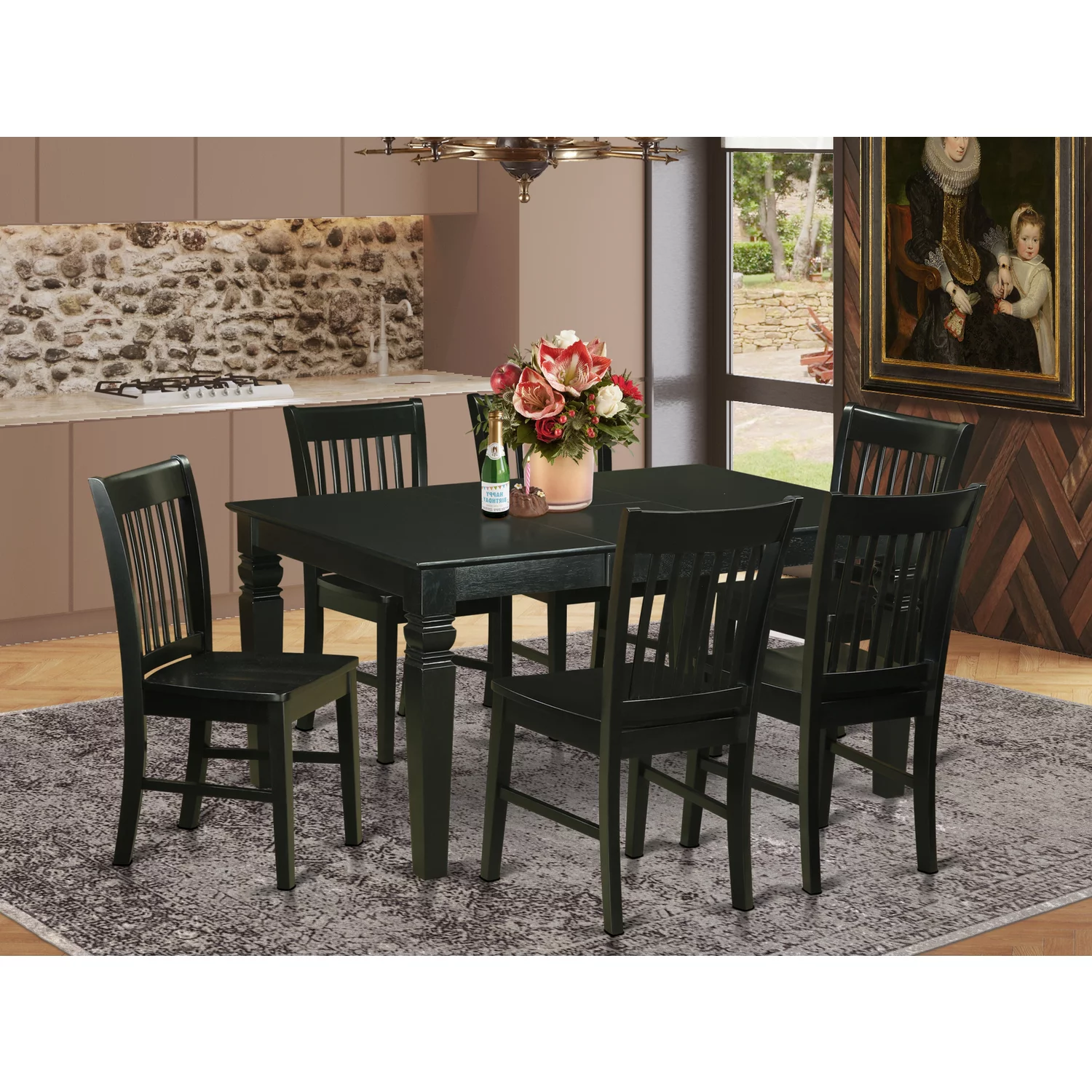 Dining Room Set -Kitchen Table And Dining Chairs-Finish:Black,Number of Items:7,Shape:Rectangular,Style:Wood Seat