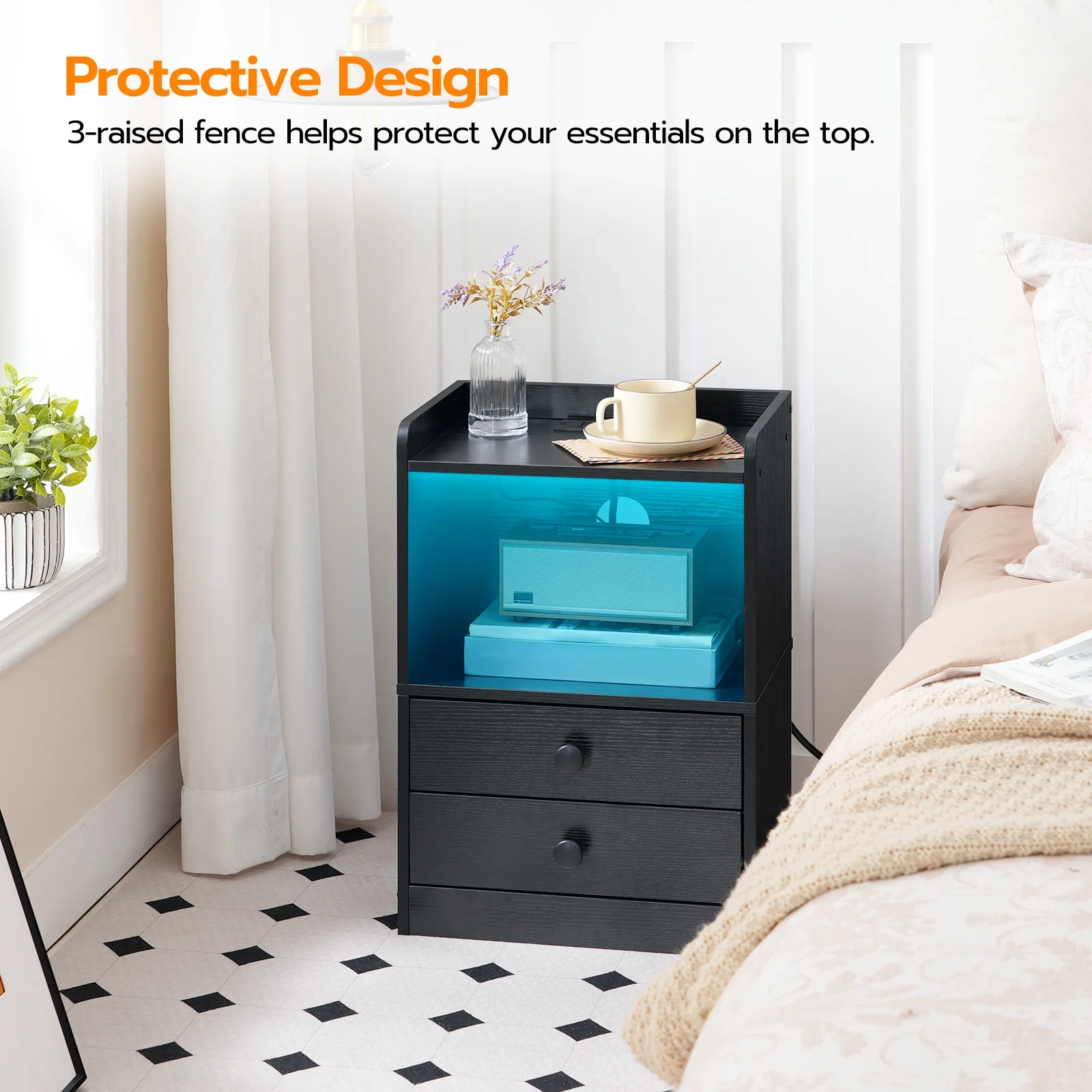 HOOBRO Set of 2 Nightstand with Charging Station and LED Light Strip Side Table with 2 Drawers Bedroom Cloakroom Black BK28UDBZP201