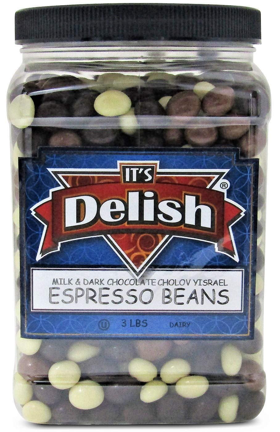 Gourmet Chocolate Covered Espresso Beans Medley by Its Delish , 3 LBS Jumbo Reusable Container - Premium Kosher Dairy Mix of Dark, Milk & White Chocolate Covered Coffee Beans