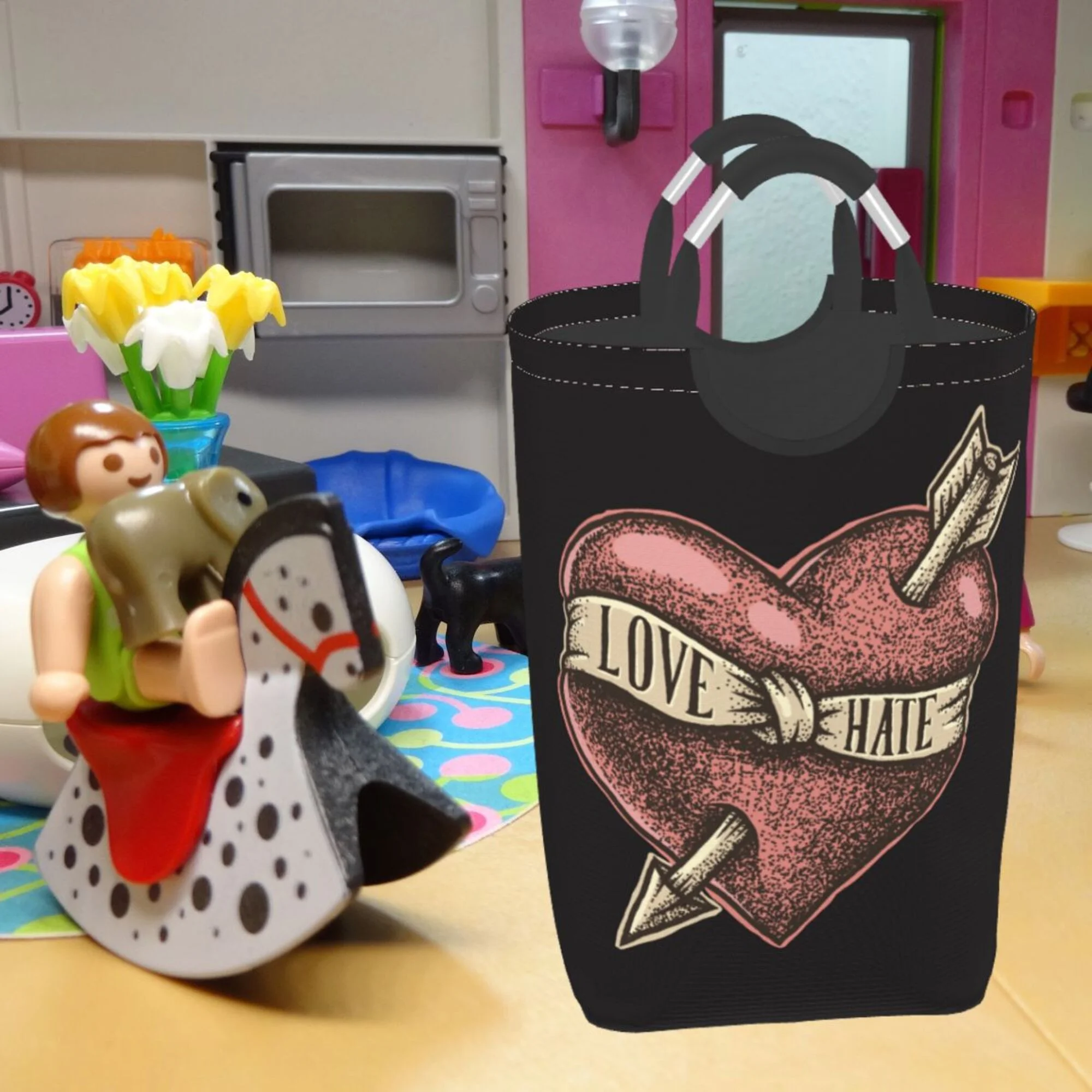 TEQUAN 50L Large Rectangular Laundry Hamper with Aluminum Handles, Love Heart with Arrow Prints Waterproof Foldable Dirty Clothes Basket