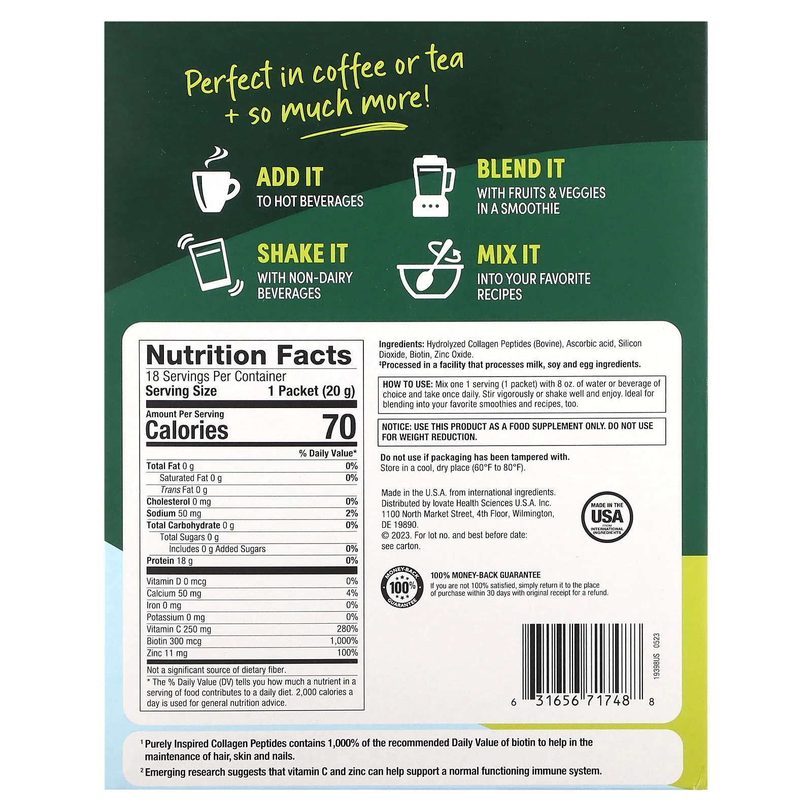 Purely Inspired Collagen Peptides, Unflavored, 18 Single Serve Packets, 0.71 oz (20 g) Each