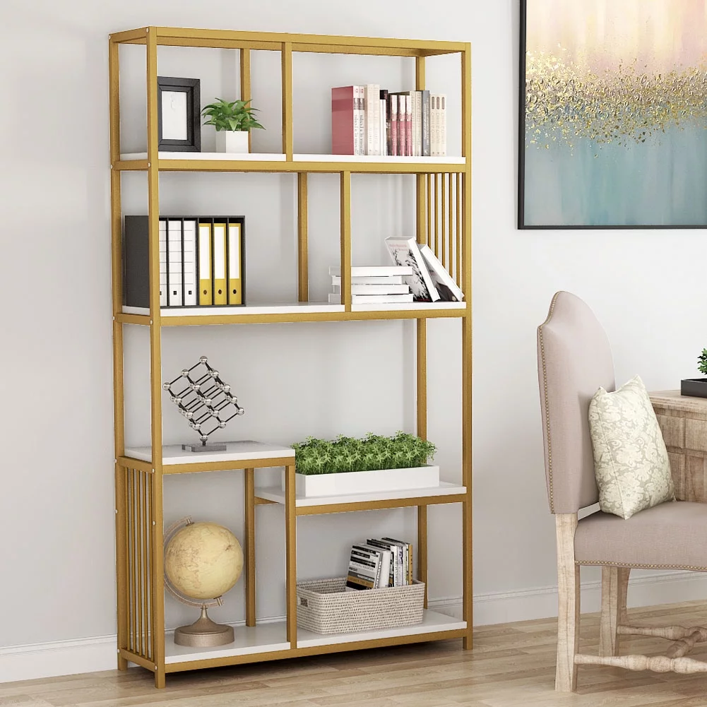 TribeSigns 7-Open Shelf Etagere Bookcase with Gold Sturdy Metal Frame, Modern Bookshelf Elegant Storage Display Shelves for Home Furniture (White + Gold)