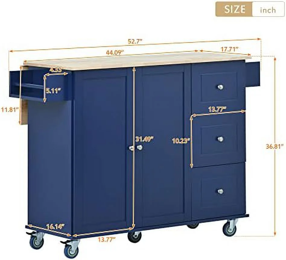 HYHBIBOOM Rolling Kitchen Island Cart with Folding Drop Leaf and  Cabinets  Kitchen Cart on Wheels with Spice Rack  Towel Rack and 3 Drawers  Dark Blue