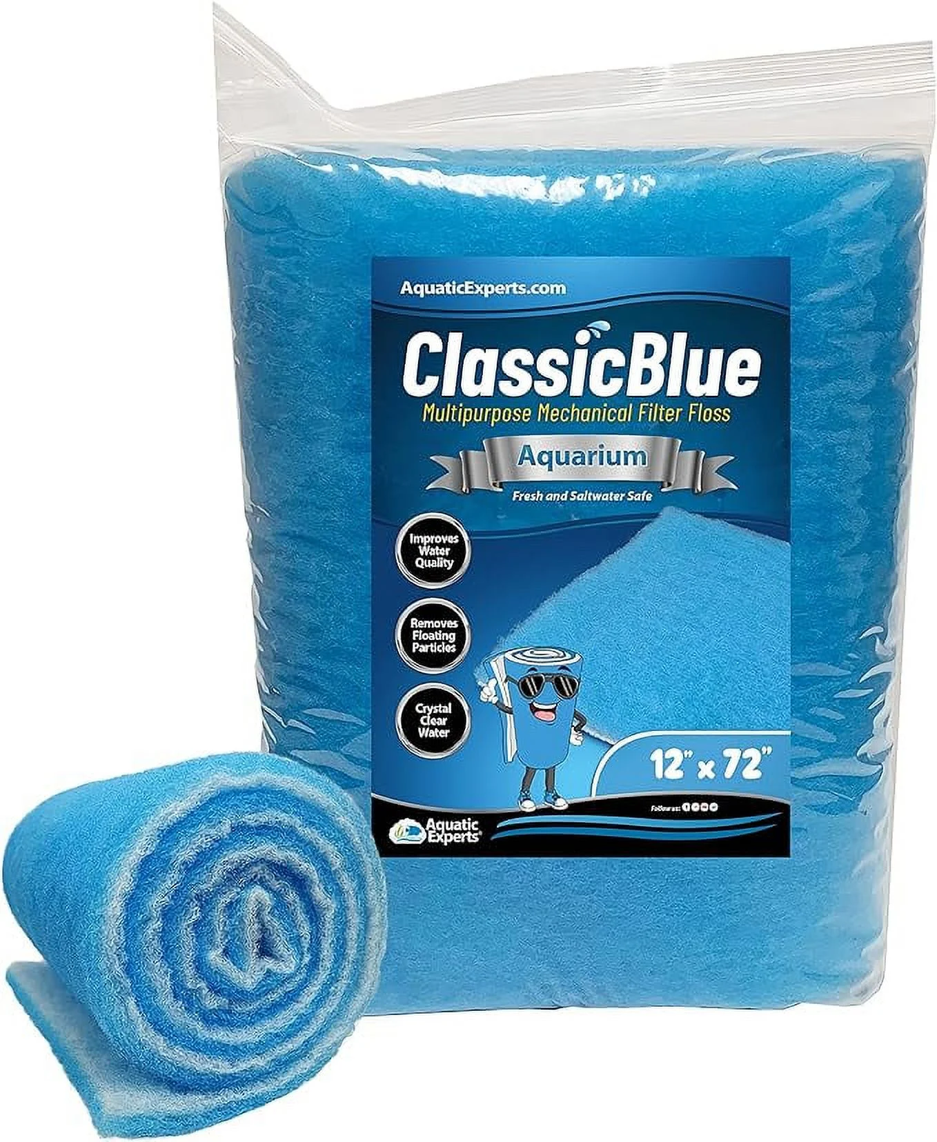 Aquatic Experts Classic Bonded Aquarium Filter Pad -12 Inches by 72 Inches by .75 Inch - Blue and White Aquarium Filter Media Roll Bulk Can Be Cut to Fit Most Filters, Made in USA