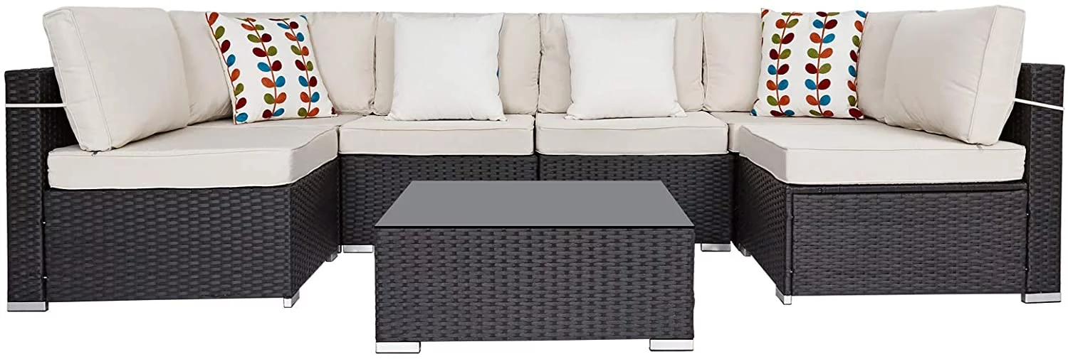 Superjoe 7 Piece Outdoor Patio Furniture Sets, All Weather Black PE Wicker Furniture Set, Patio Sectional Conversation Sofa Set with Coffee Table, Removable Warm Gray Cushions