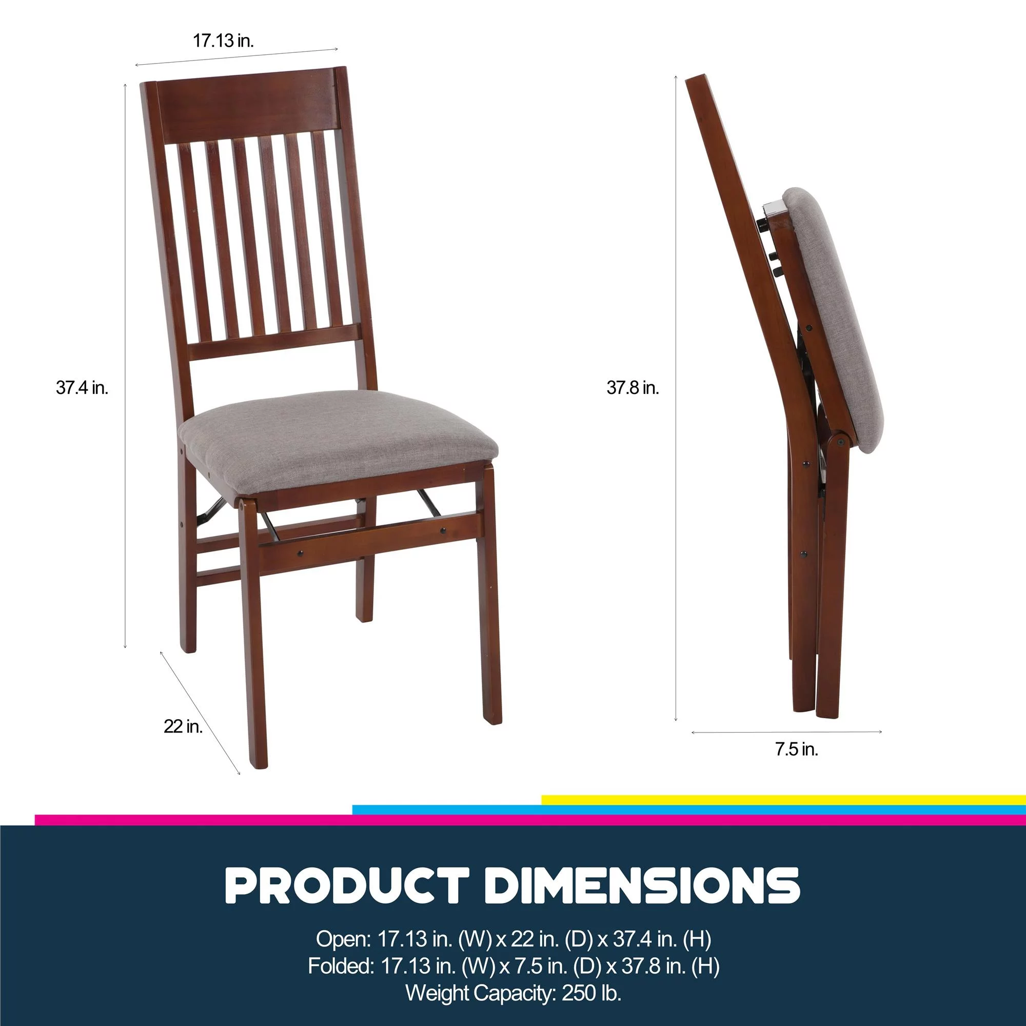 Queer Eye Oliver Mission Back Wood Folding Chair with Fabric Seat, Walnut Brown, 2-Pack