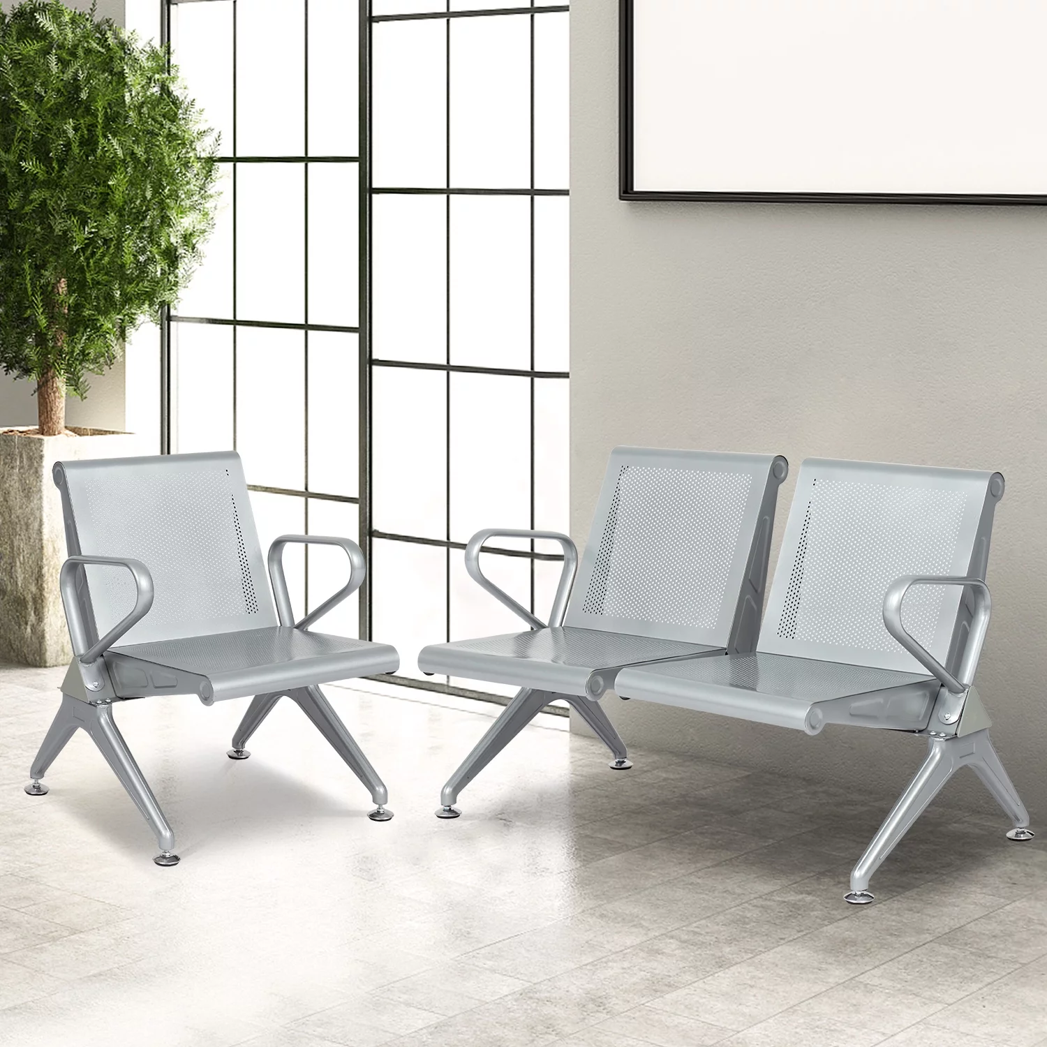 Kinbor 2pcs Office Guest Reception, Steel Frame Waiting Chair Bench for Airport, Silver