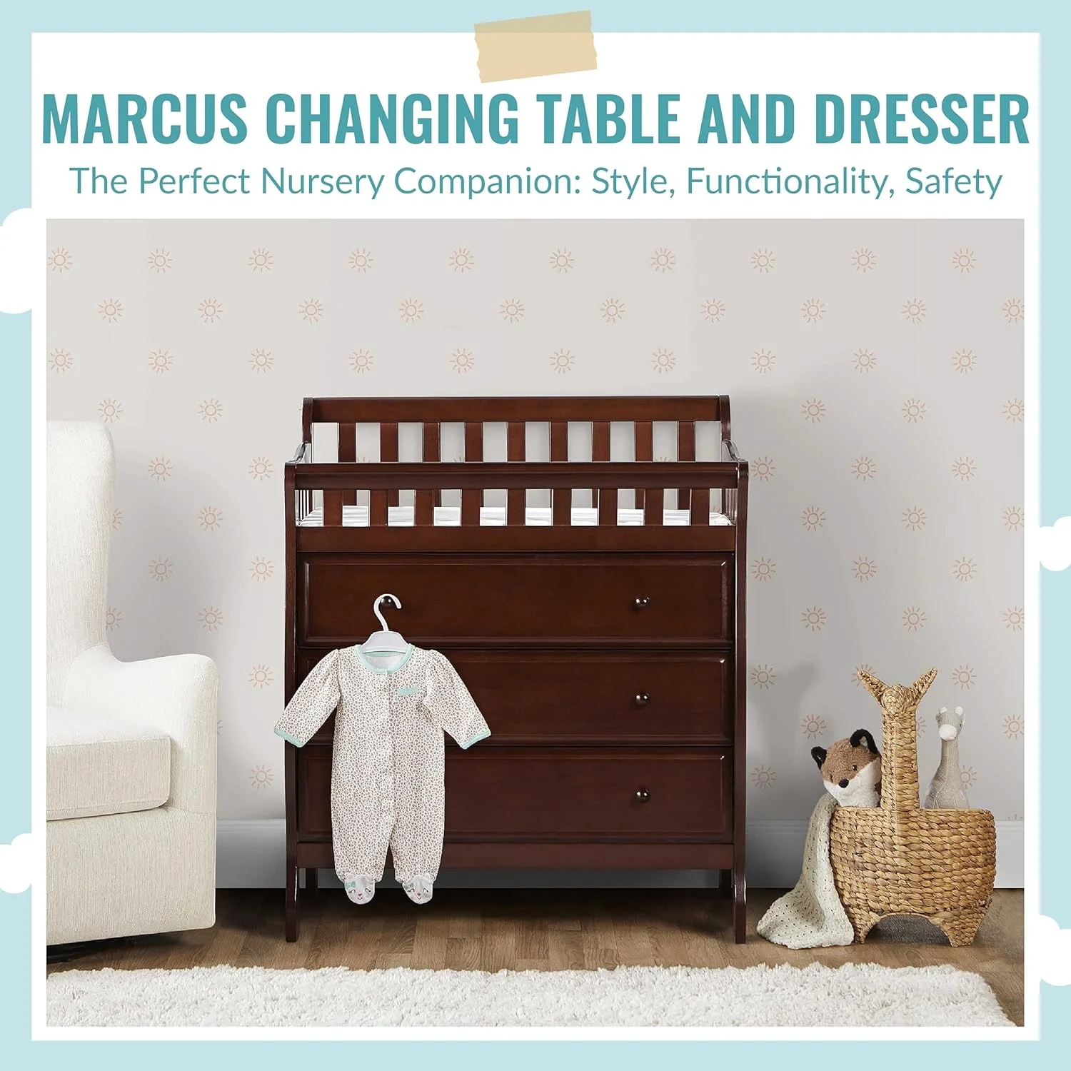 HYUN Marcus Changing Table And Dresser In Espresso, Features 3 Spacious Drawers, Non-Toxic Finishes, Comes With 1
