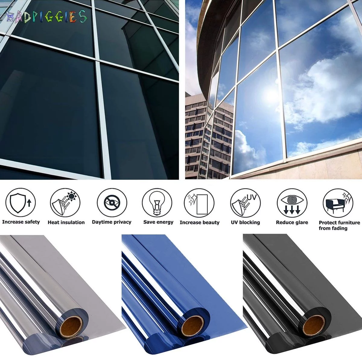 BadPiggies Window Film Daytime Privacy and Sun Control, Mirror Solar Reflective One Way Window Covering Film Tint Sticker (Silver)