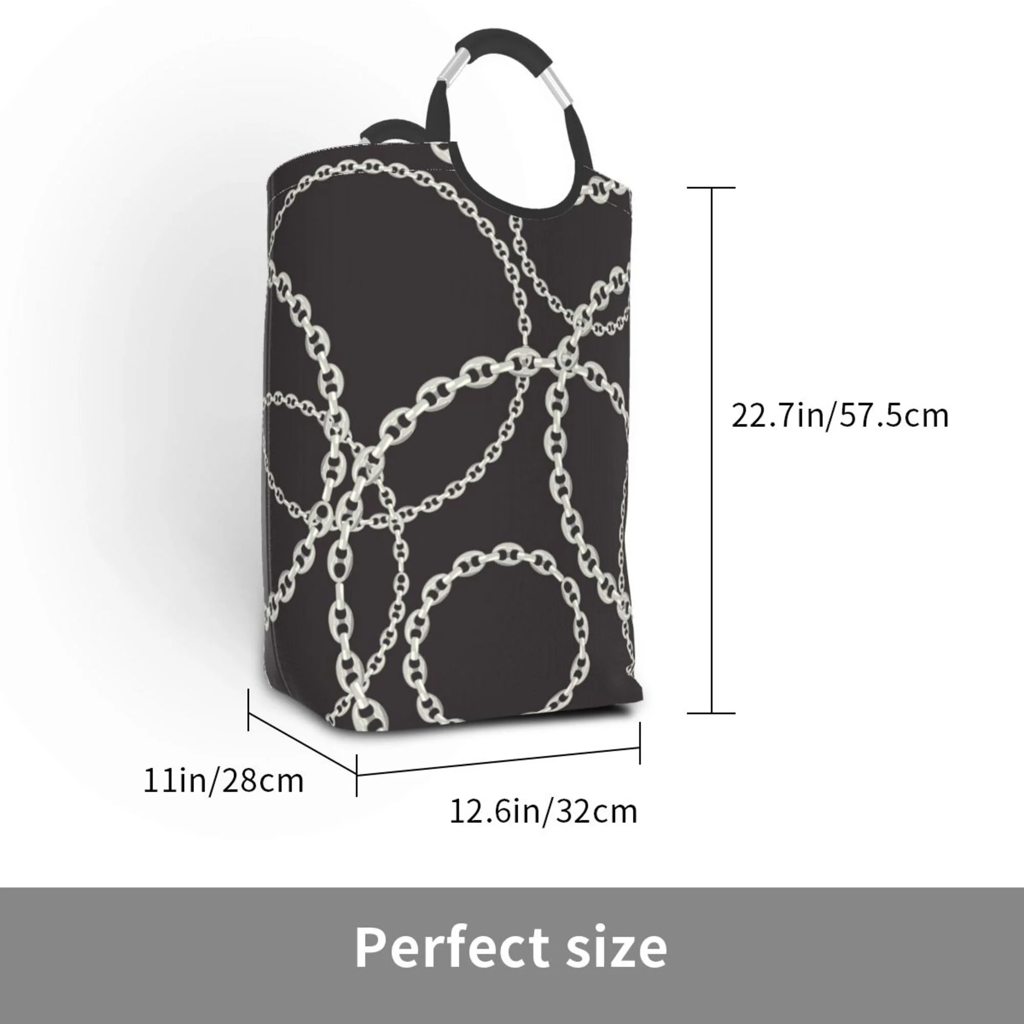 TEQUAN 50L Large Rectangular Laundry Hamper with Aluminum Handles, Fashion Silver Chains Texture Prints Waterproof Foldable Dirty Clothes Basket