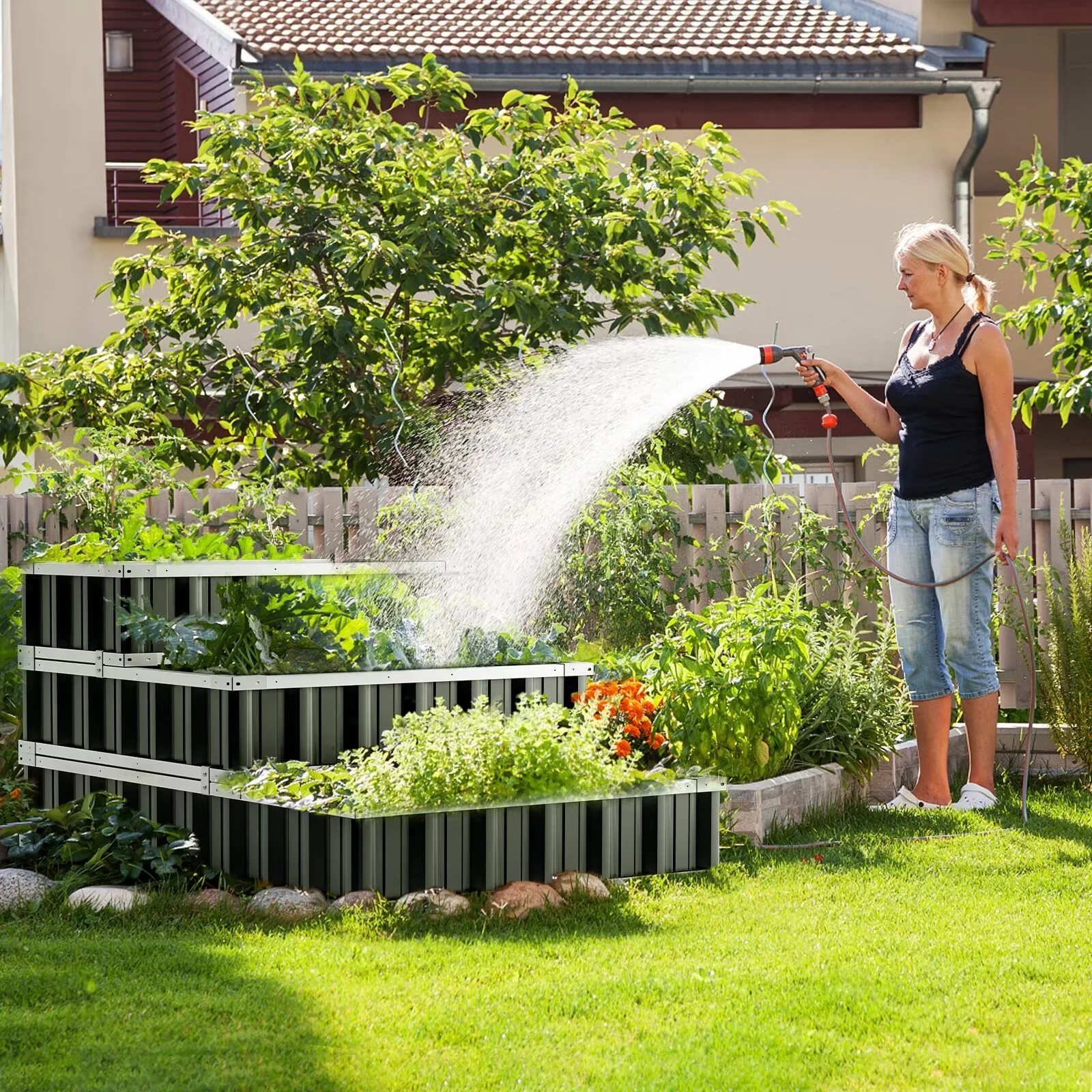 MOPHOTO 3 Tiers Raised Garden Bed, 51'' x 35.4'' x 35.4'' Galvanized Steel Metal Outdoor Patio Garden Elevated Planter Box for Growing Vegetables Flowers, Black