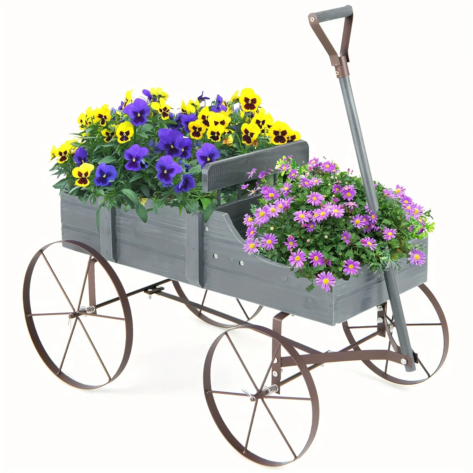 Decorative Garden Planter, Small Wagon Cart with Metal Wheels, Wood Raised Beds Plant Pot Stand for Backyard Garden Patio 24.5”Lx13.5”Wx24”H (Gray)