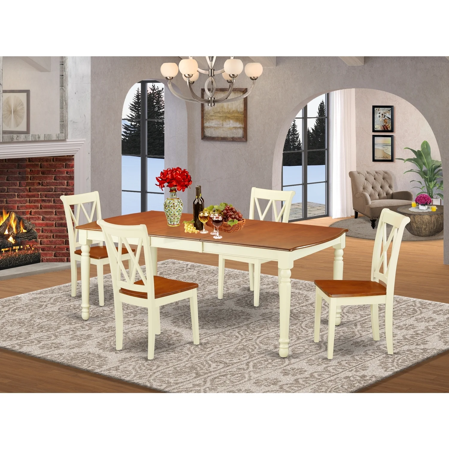 HomeStock Retro Revival 5Pc Rectangular 60/78 Inch Table With 18 In Leaf And 4 Double X Back Chairs