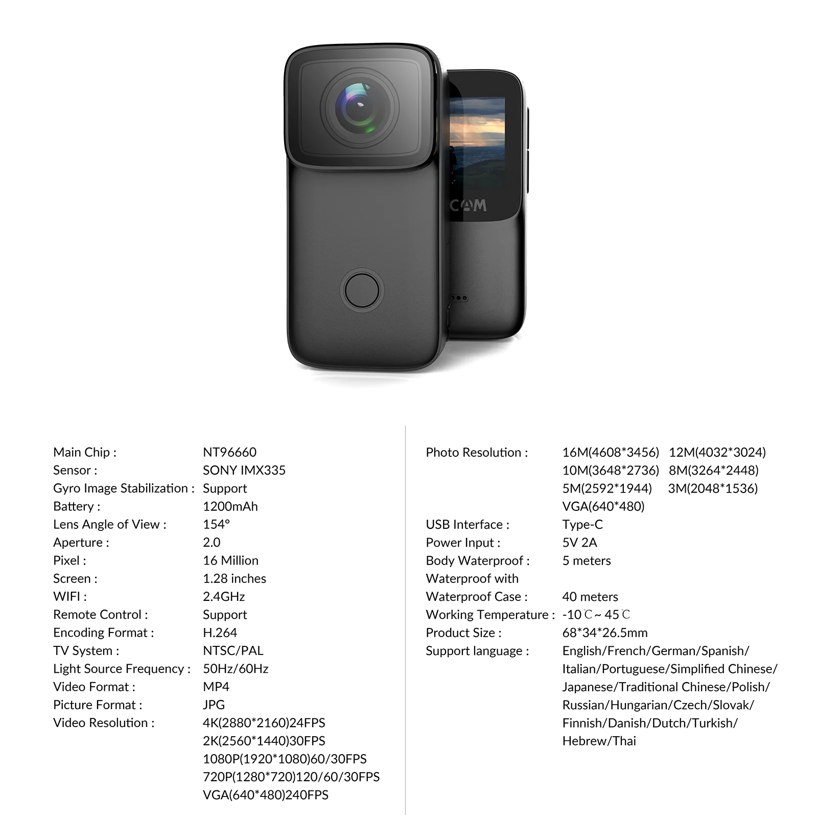 C200 4K Mini WiFi Action Camera - Features 1.28 Inch IPS Screen, 5M Waterproof, Anti-Shake, Face Recognition, Night Vision, and Built-in Rechargeable Battery