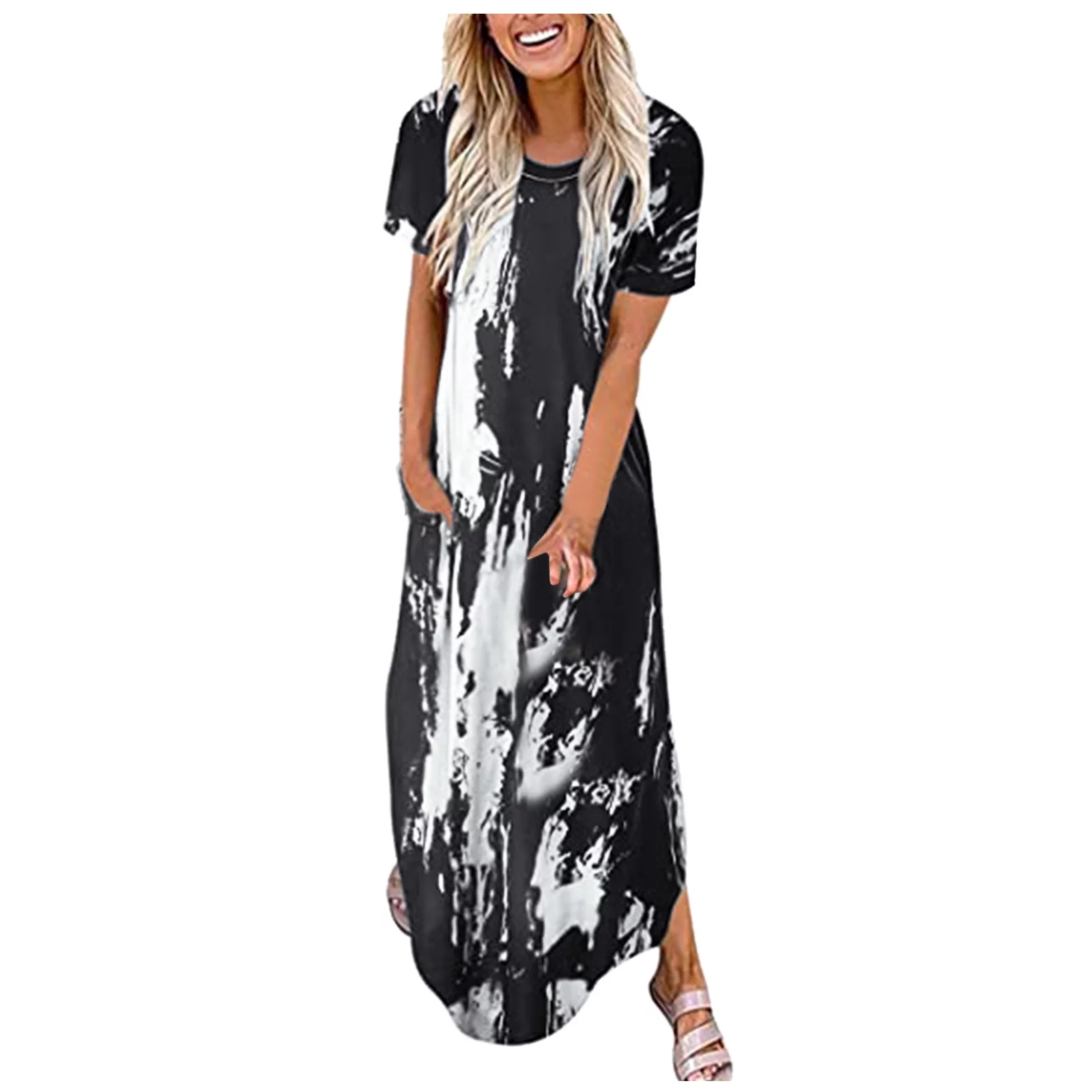 GuLuBin Long Sleeve Maxi Dresses for Women Women Short Sleeve Pocket Casual Floral Printing Beach Long Maxi Loose Dress