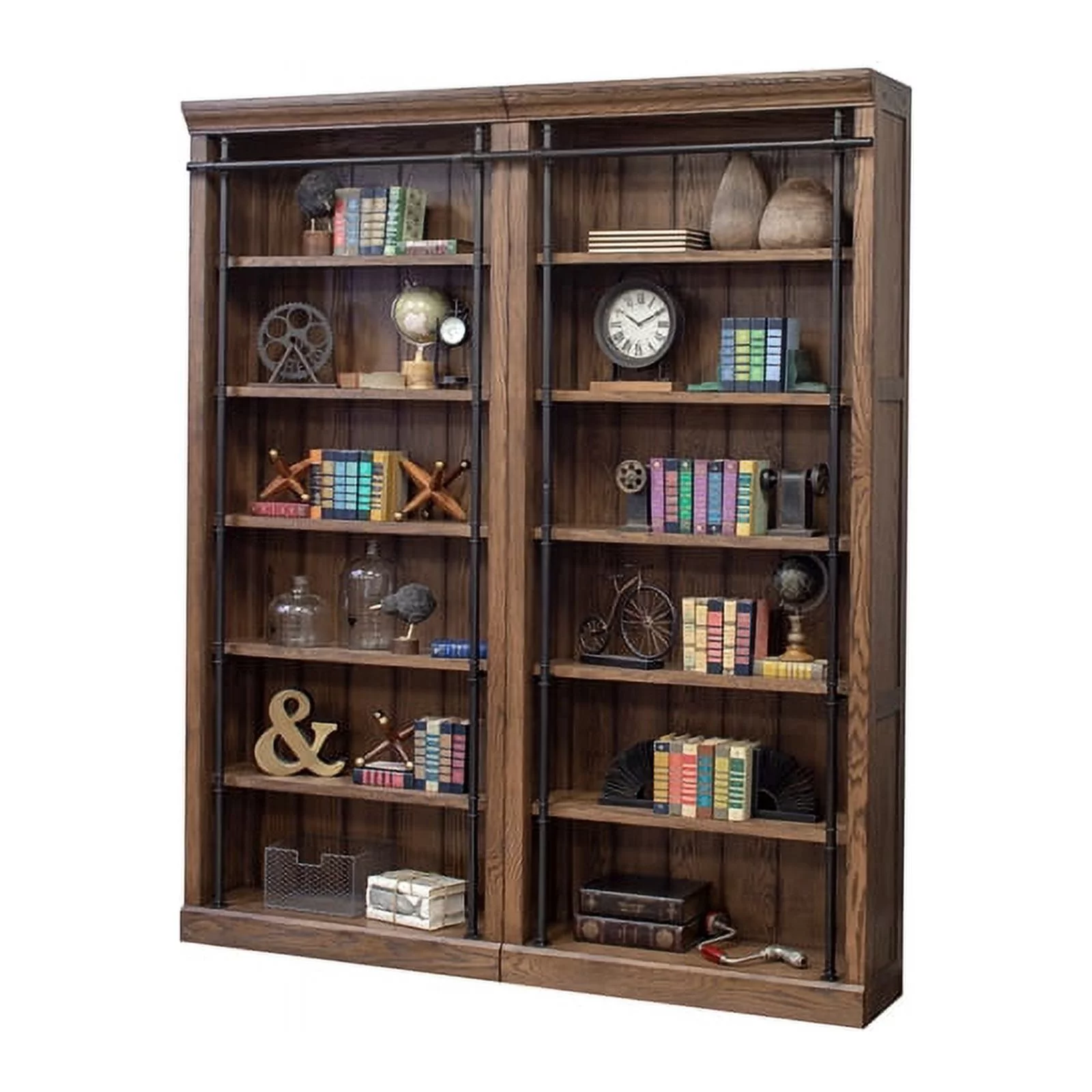 Bowery Hill 2 pc 5-Adjustable Shelf Tall Modern Wood Bookcase in Oak