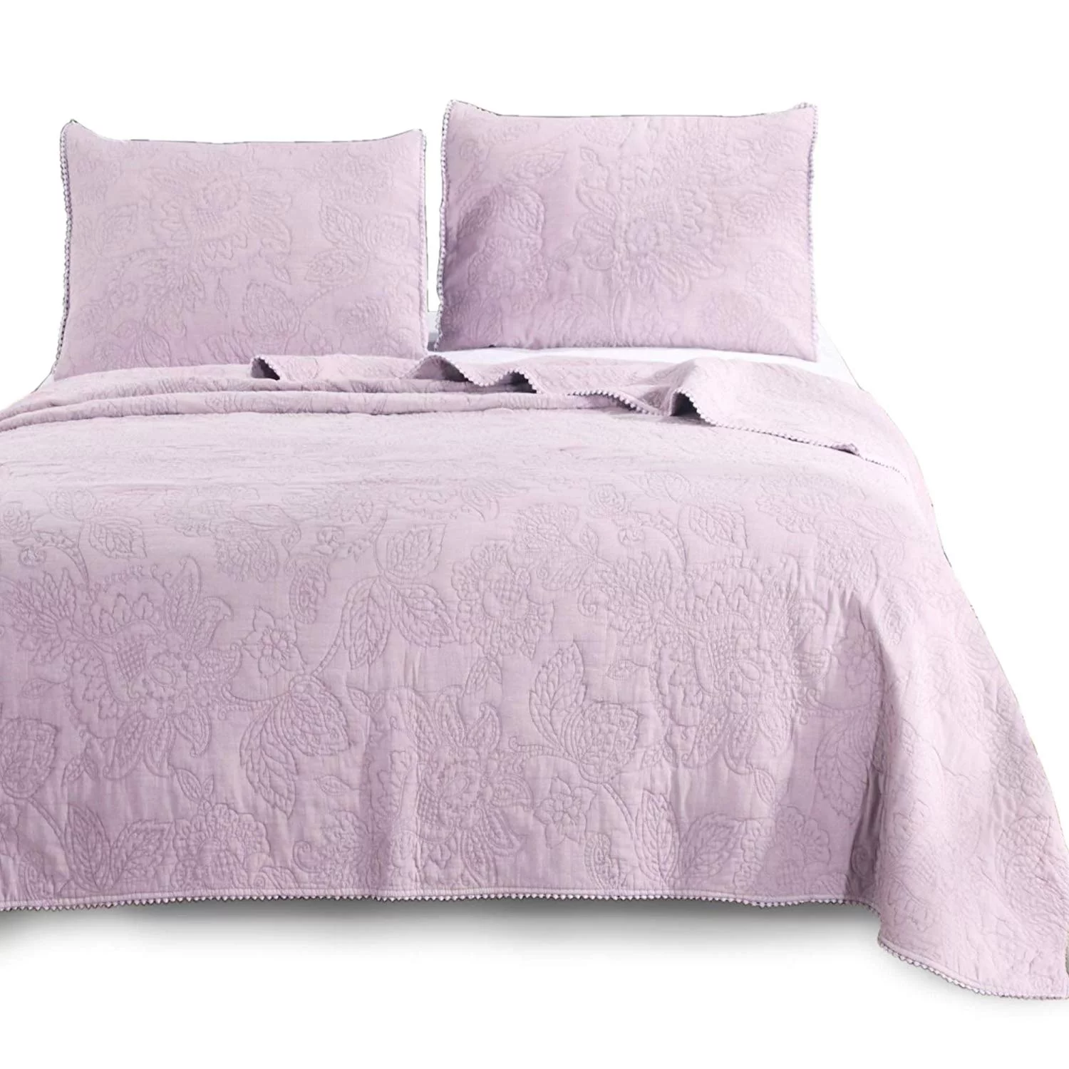 Kasentex Ultra Soft Stone-Washed Quilt Set 100% Cotton. Contemporary Stitched Design Bedspread Lightweight Comforter Coverlet Bedding + Pillow Cover (Queen + 2 Shams, Floral Lace Trim Purple)