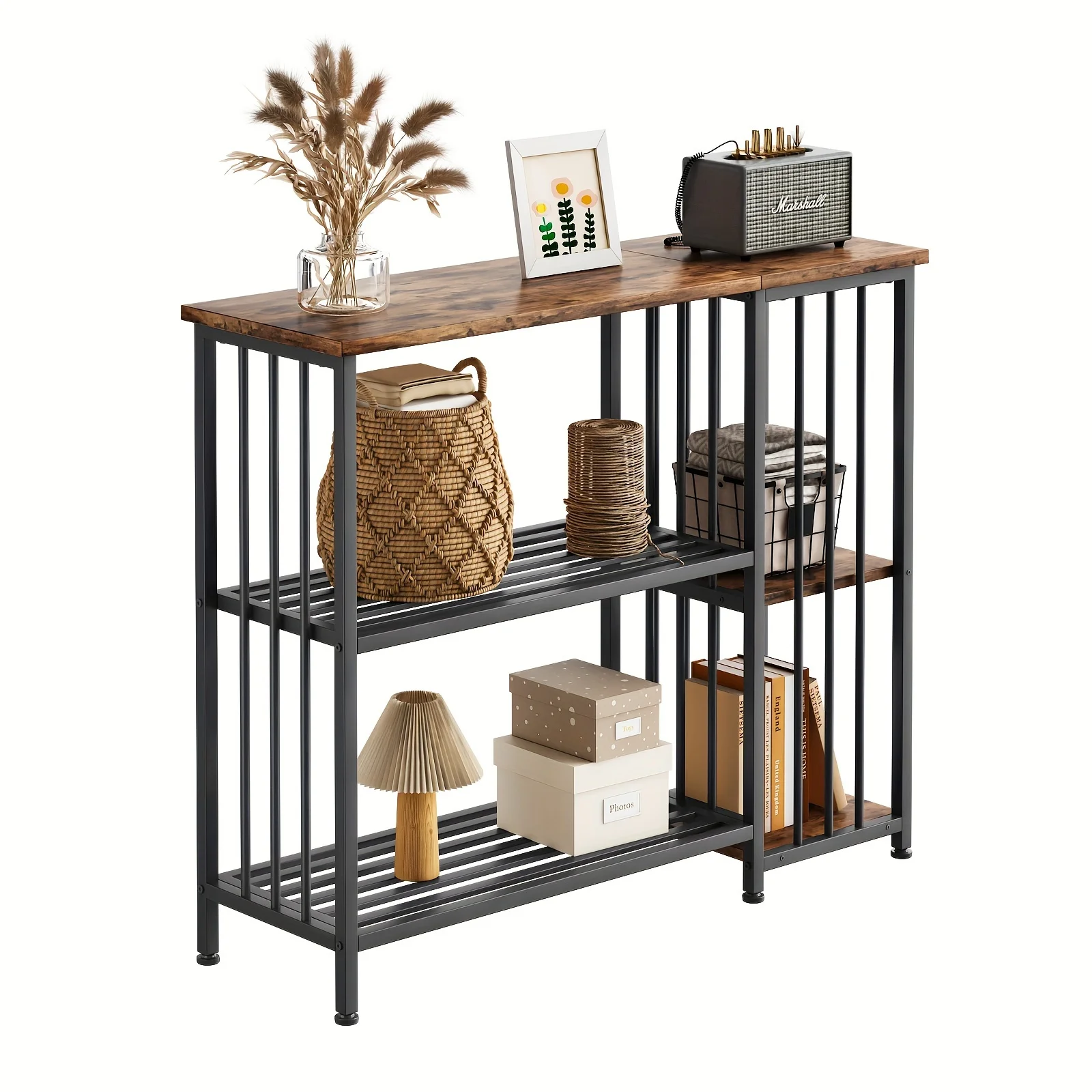 , 3-Tier Console Table For Entryway, Sofa Table With Anti-Fall Fence And Open Storage Shelves, Narrow Table, Metal Wood Console For Hallway