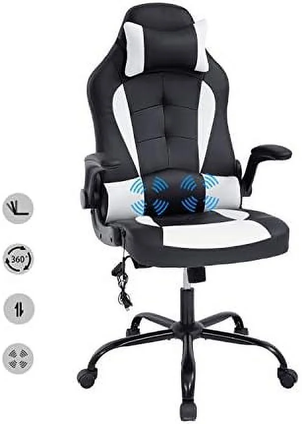 HYHBIBOOM Office Chair  Gaming Chair  Ergonomic Computer Desk Chair High Back Rolling Swivel Height Adjustable with Flip-Up Arms  Headrest and Lumbar Support  Massager  Leather （White）