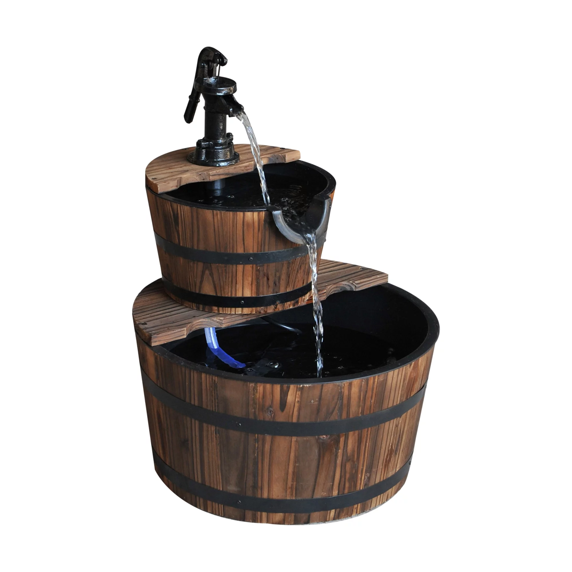Outsunny 2 Tier Fountain Rustic Wood Barrel Water Fountain with Pump Outdoor Garden Decor