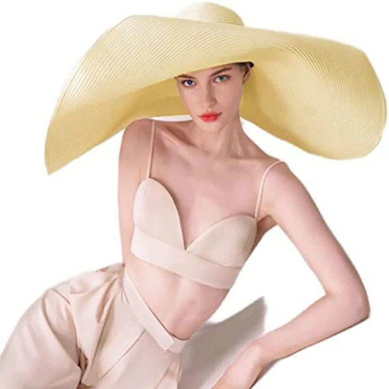 NAMZI Women's Extra Large Beach Hat, Wide Brim Large Sun Hat, Women's Soft Foldable Giant Straw Hat, Stowable UV Protection Summer Hat (Yellow)