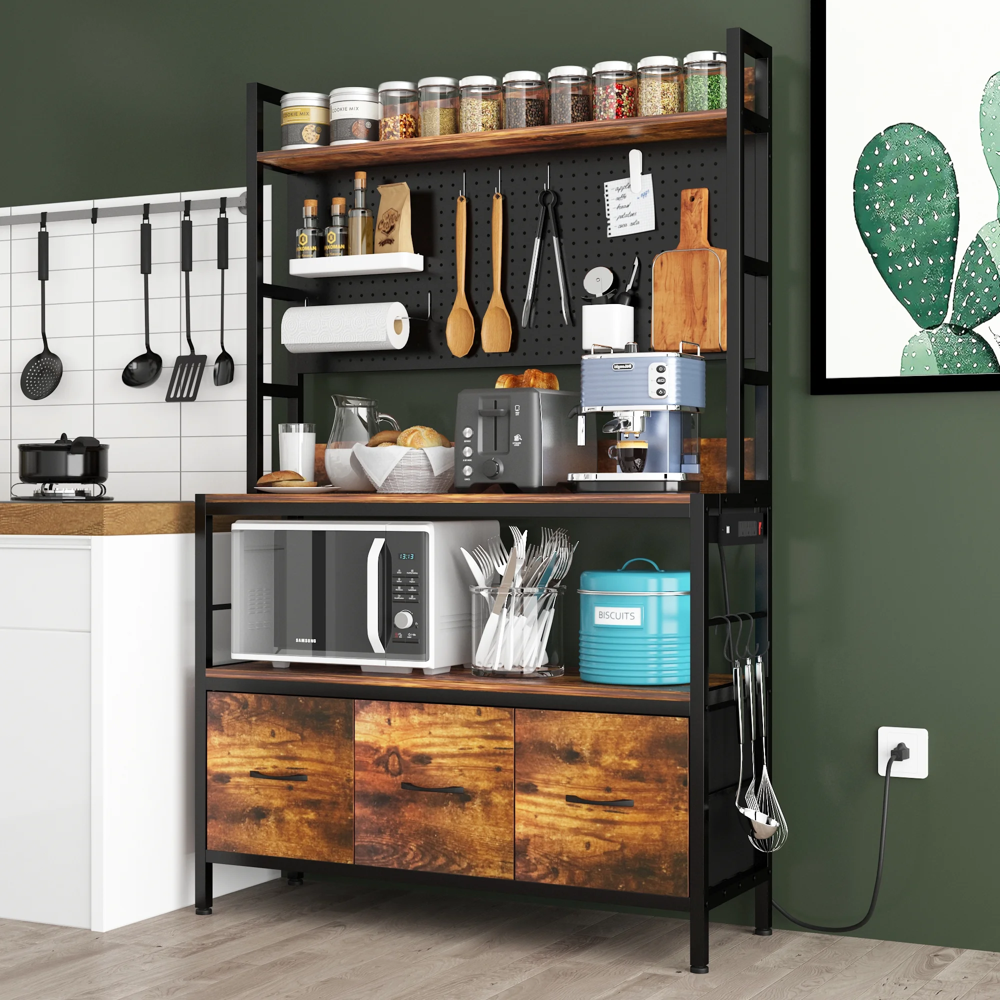 NAIYUFA Bakers Rack with Power Outlet 5-Tier Kitchen Wood Large Microwave Oven Stand with Pegboard,3 Fabric Drawers,Hooks,Brown