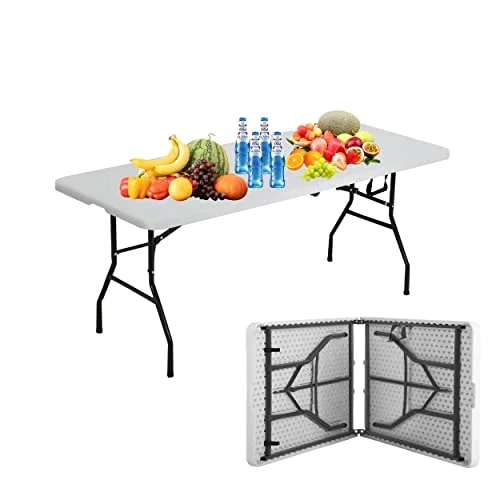 6FT Plastic Folding Table Portable Foldable Table Indoor/Outdoor Fold Up Table Folding Table Utility Party Dining Fold in Half Table for Eating Camping and Party,White