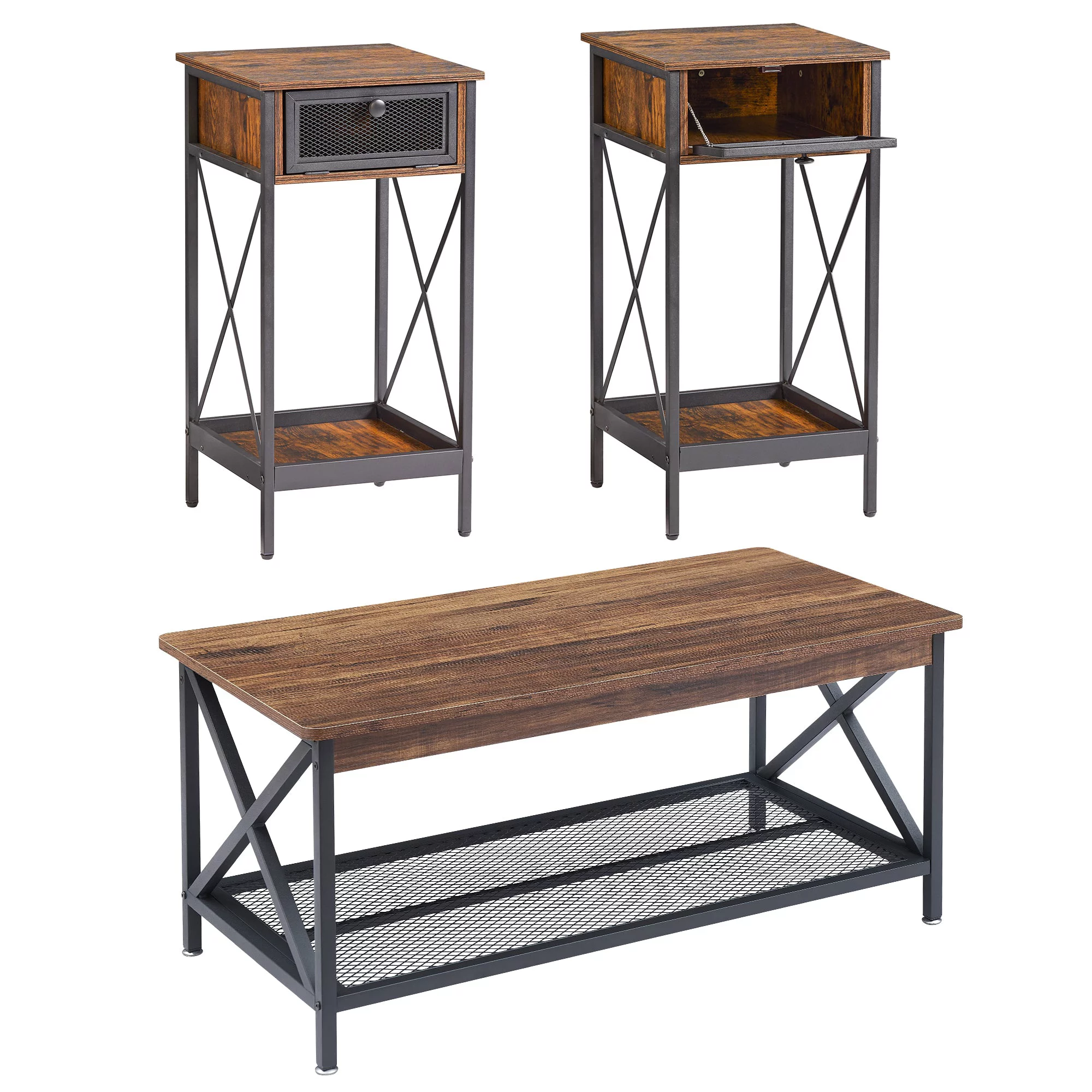 VECELO 3-Piece Coffee Table Set for Living Room, X-Design Coffee Table and 1-Drawer End Side Tables, Brown