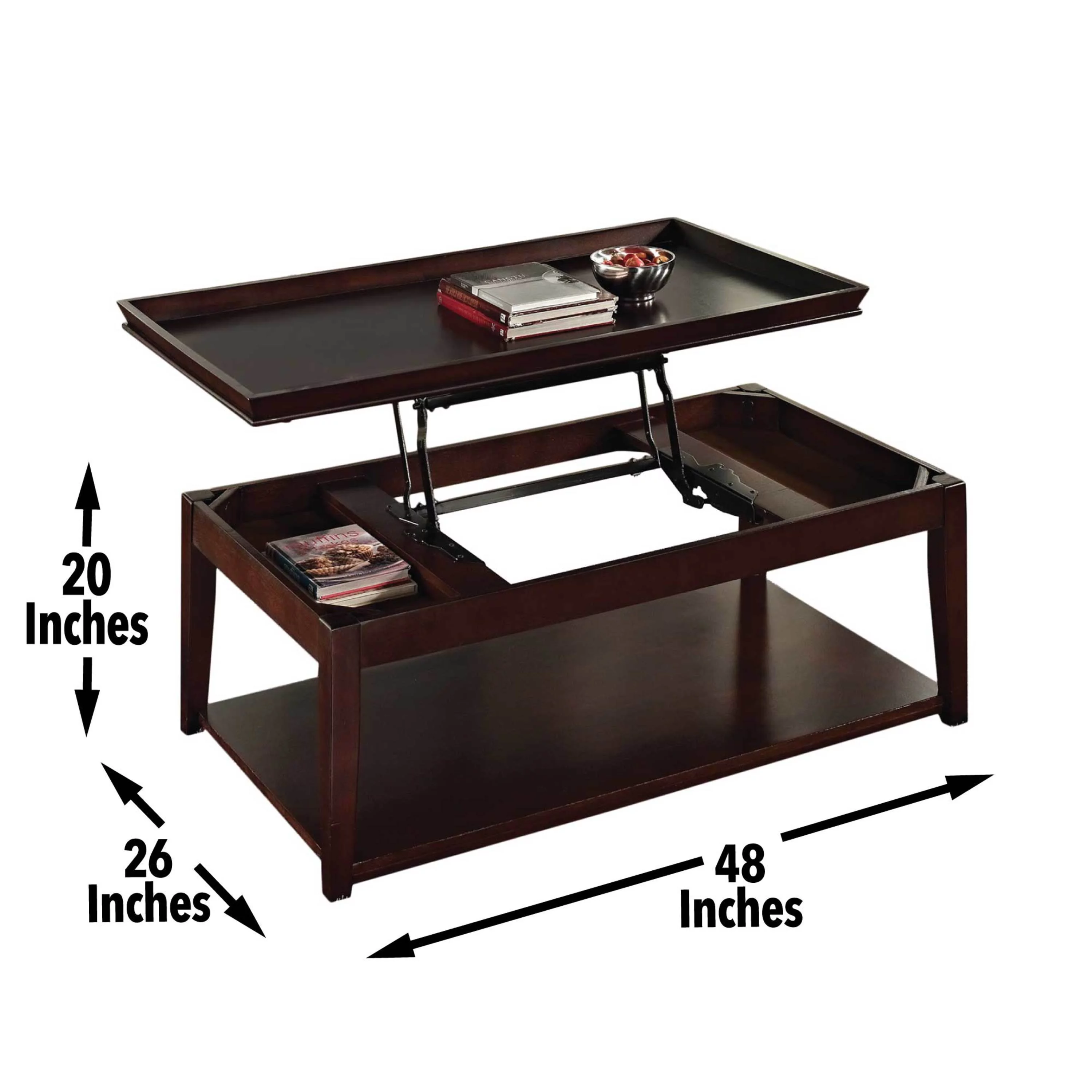 CoSoTower Versatile Lift Top Cocktail Table - Hardwood Solids, Birch Veneer, Merlot Cherry Finish - Hidden Storage, Mobility Casters, Bottom Shelf
