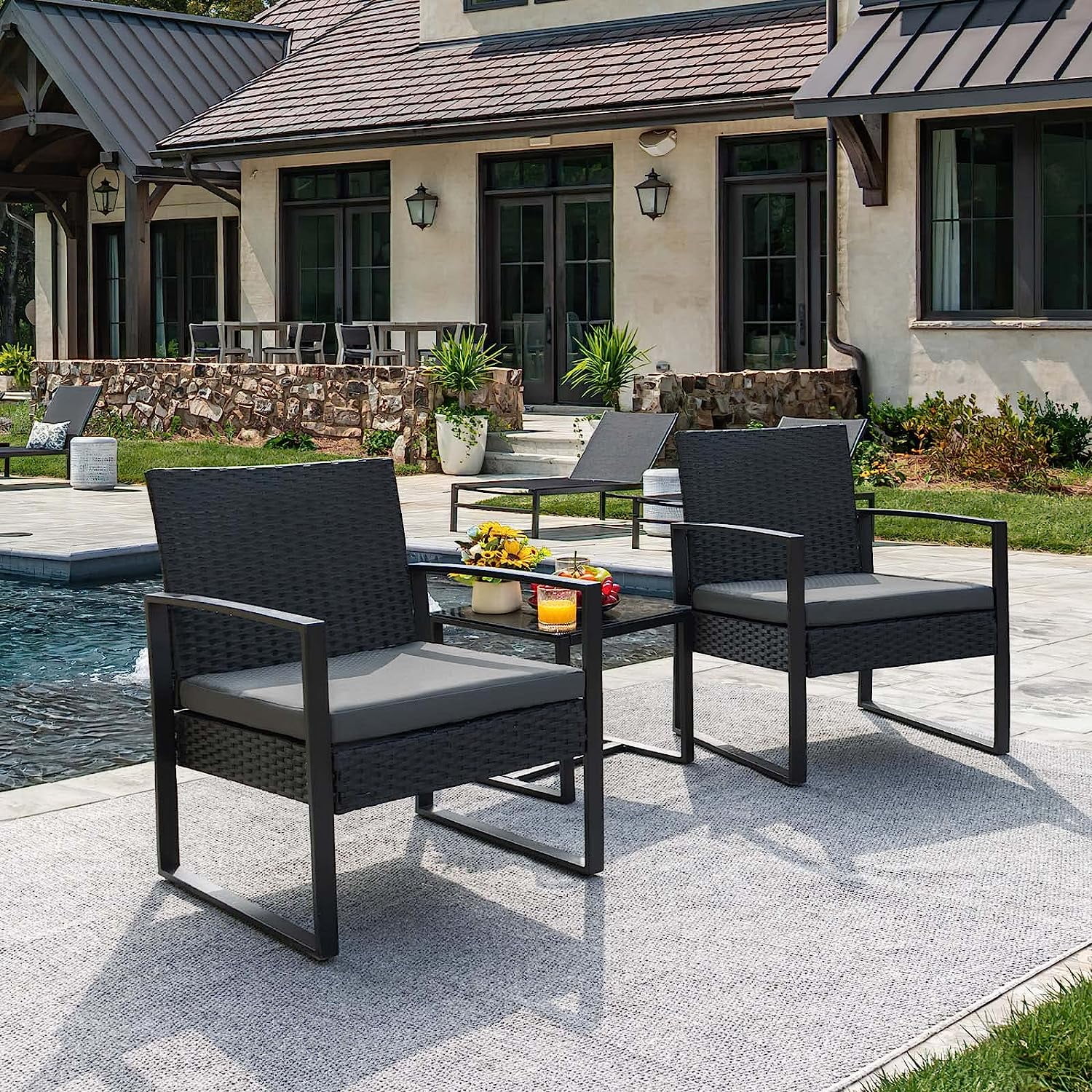 3 Pieces Patio Set Outdoor Wicker Patio Furniture Sets Modern Bistro Set Rattan Chair Conversation Sets with Coffee Table for Yard and Bistro (Grey)