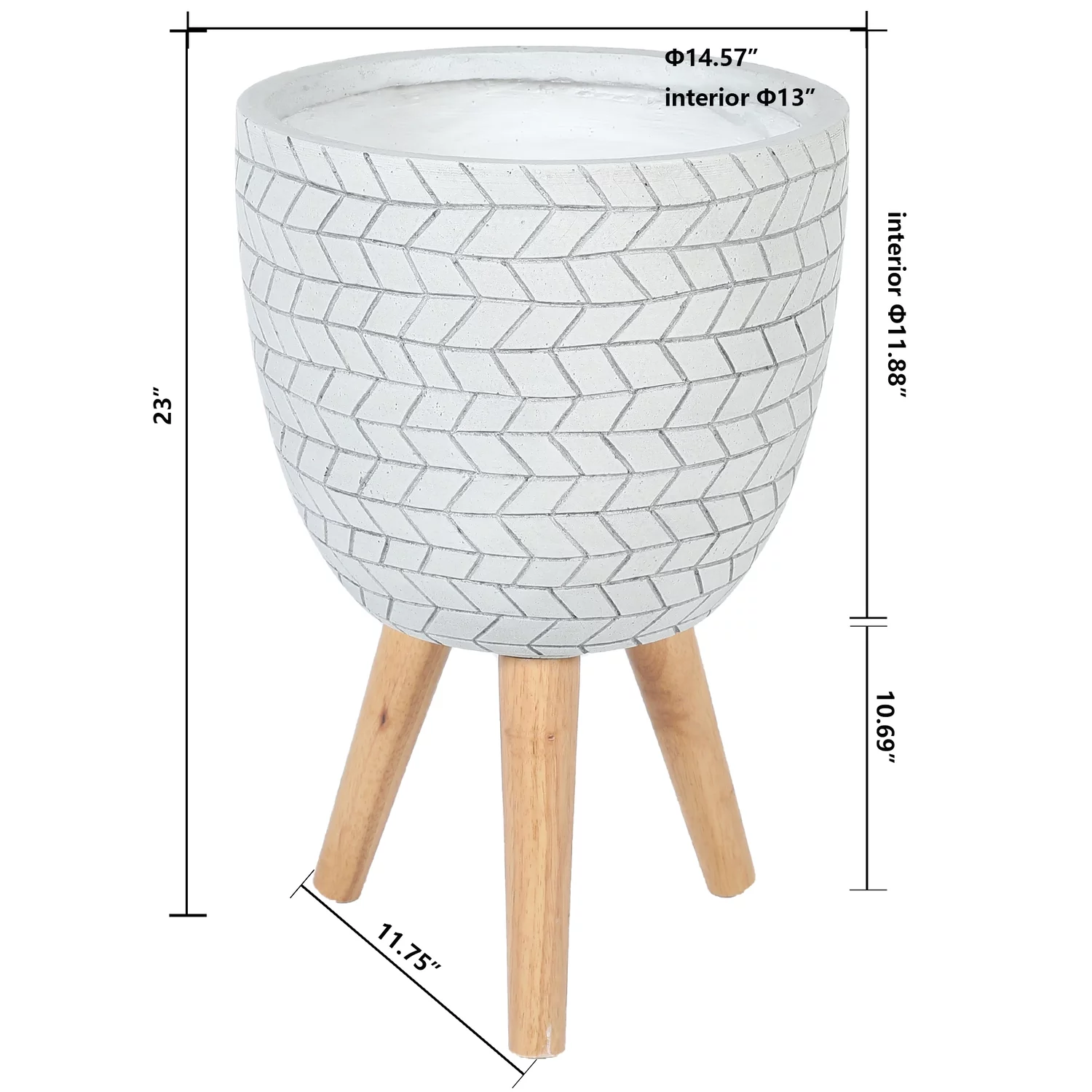 LuxenHome White Cube Design 14.6 in. Round MgO Planter with Wood Legs