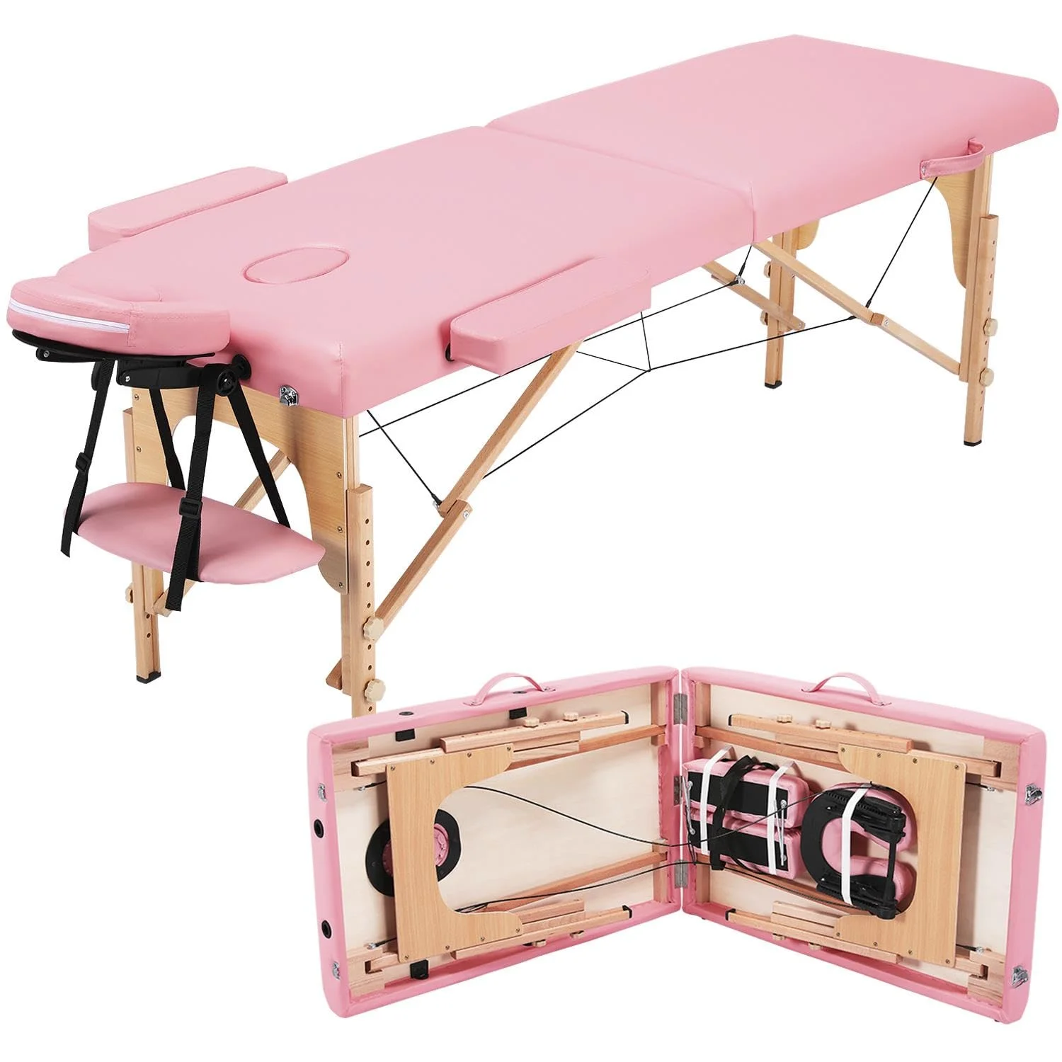 Spa Bed Portable Lash Bed Massage Bed Foldable Spa Tables Adjustable 2 Fold with Non-Woven Bag, Pink