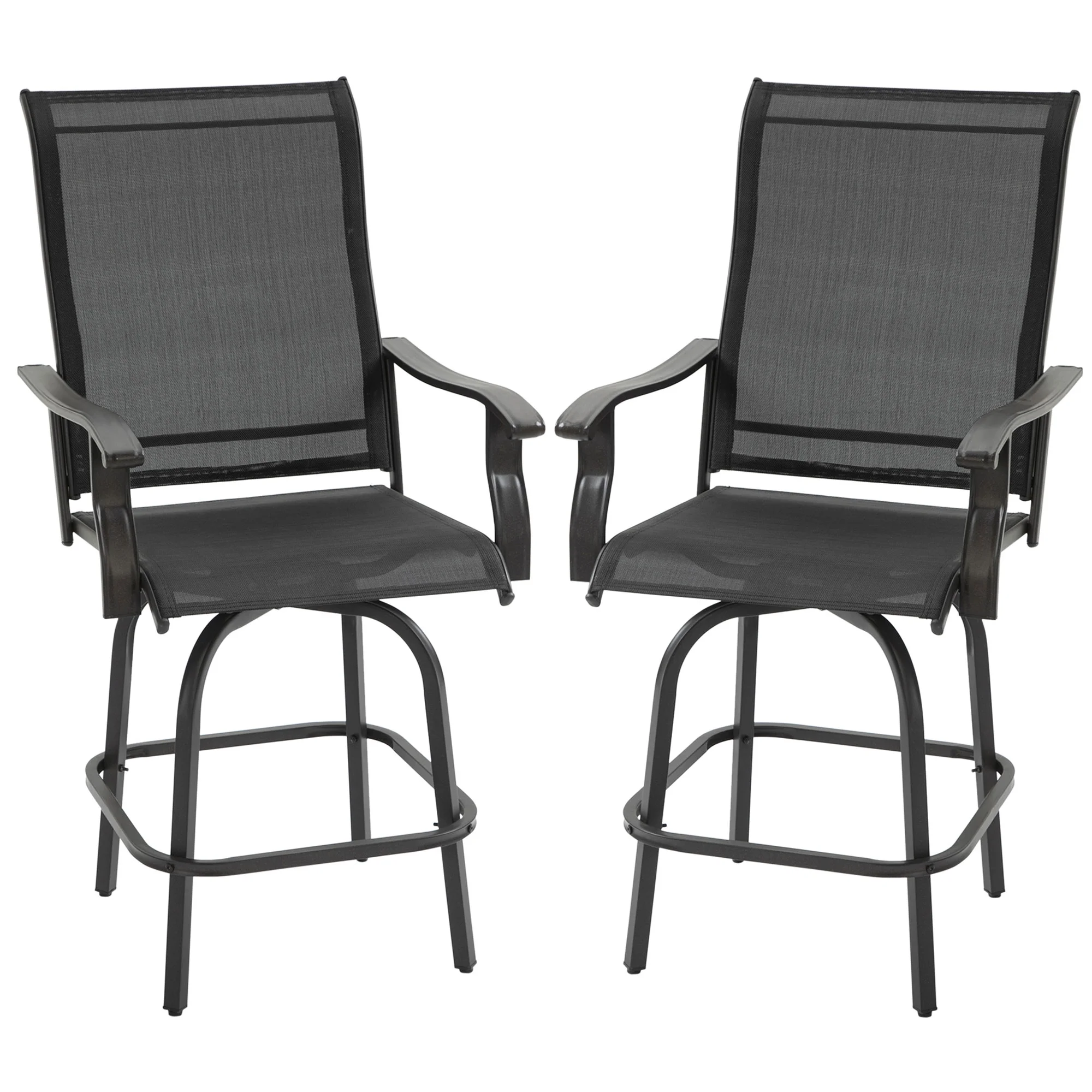 Homiyad Set of 2 Outdoor Swivel Bar Stools with Armrests, Bar Height Patio Chairs with Steel Frame for Balcony, Poolside, Backyard, Black