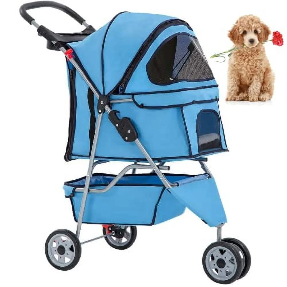 FLL Pet Dog Stroller with Storage Basket Foldable Lightweight Travel Cat Stroller, Smooth and Easy to Walk Pet Jogging Stroller for Medium Small Dogs & Cats -Blue