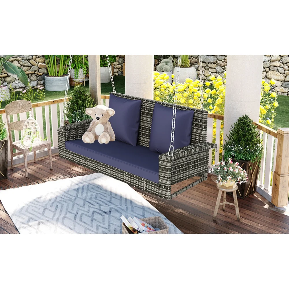2-Person Wicker Hanging Porch Swing with Chains, Cushion, Pillow, Rattan Swing Bench for Garden, Backyard, Pond.