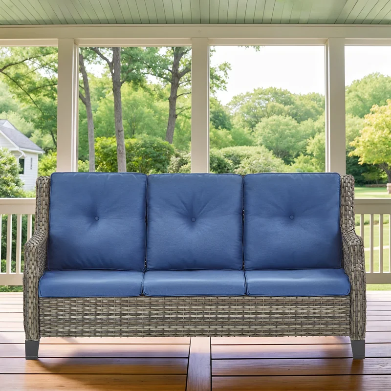 PARKWELL Outdoor Patio Wicker 3 Seater Couch,Rattan Deep Seat Sofa with Thick Cushions for Balcony Porch,Navy