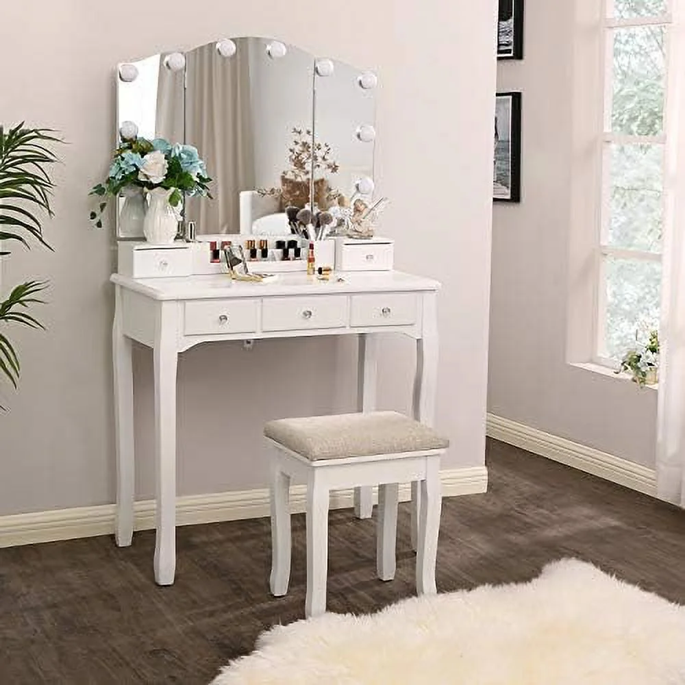 JDZHAPPYLIFE Vanity Set with Lighted Mirror   Vanity with Tri-Folding Mirror 10 LED Bulbs  White Vanity Desk Vanity Table with 5 Drawers 2 DIY Dividers  Cushioned Stool  Movable Organizer