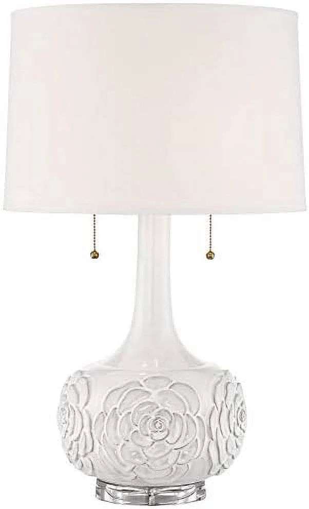 GVJMTKP Natalia Modern Country Cottage Vase Table Lamp with Round Riser 28.5" Tall White Floral Ceramic Acrylic Base Drum Shade for Living Room Bedroom House Bedside Nightstand Home