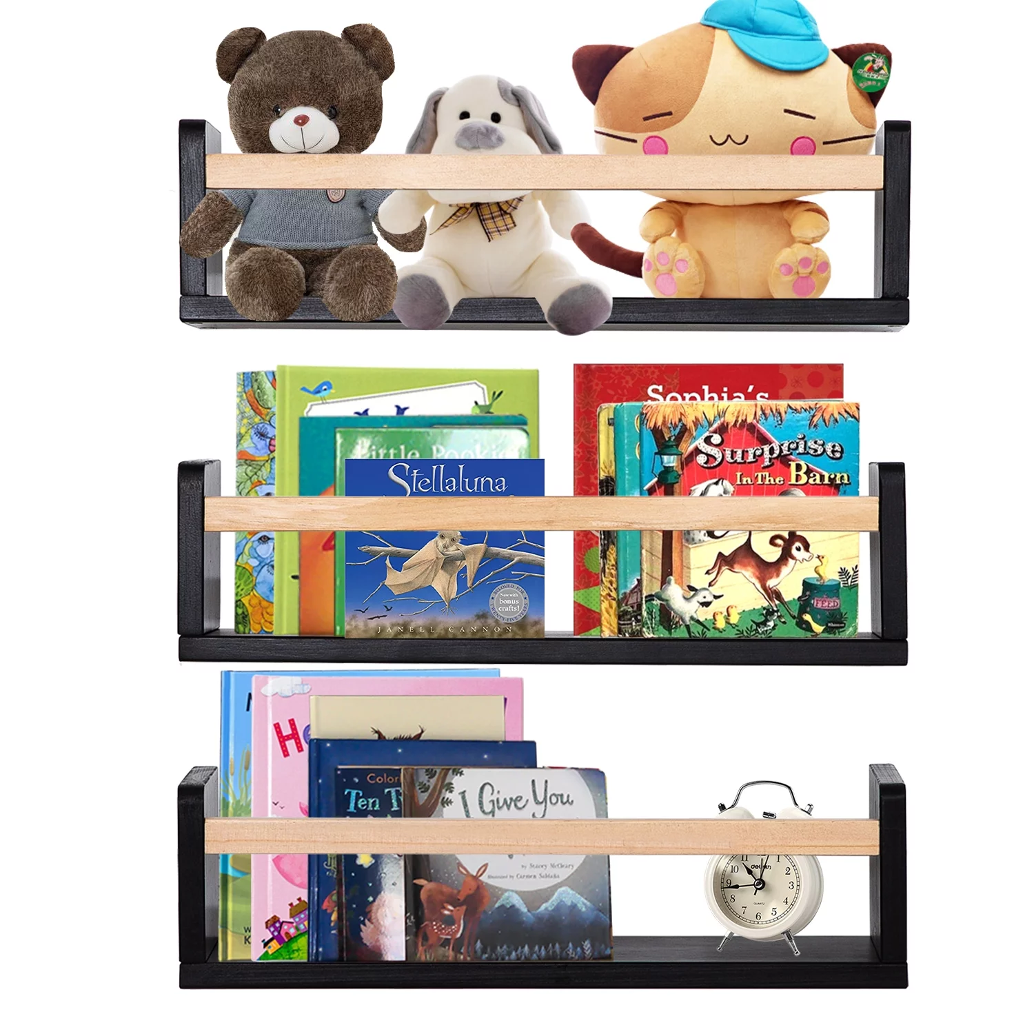 Black Wood Nursery Book Shelves 16 In Floating Wall Bookshelf Toddler Kids Children Room Shelves for Toy Book Picture Frames Storage Wooden Ledge Display Shelves a Set of 3