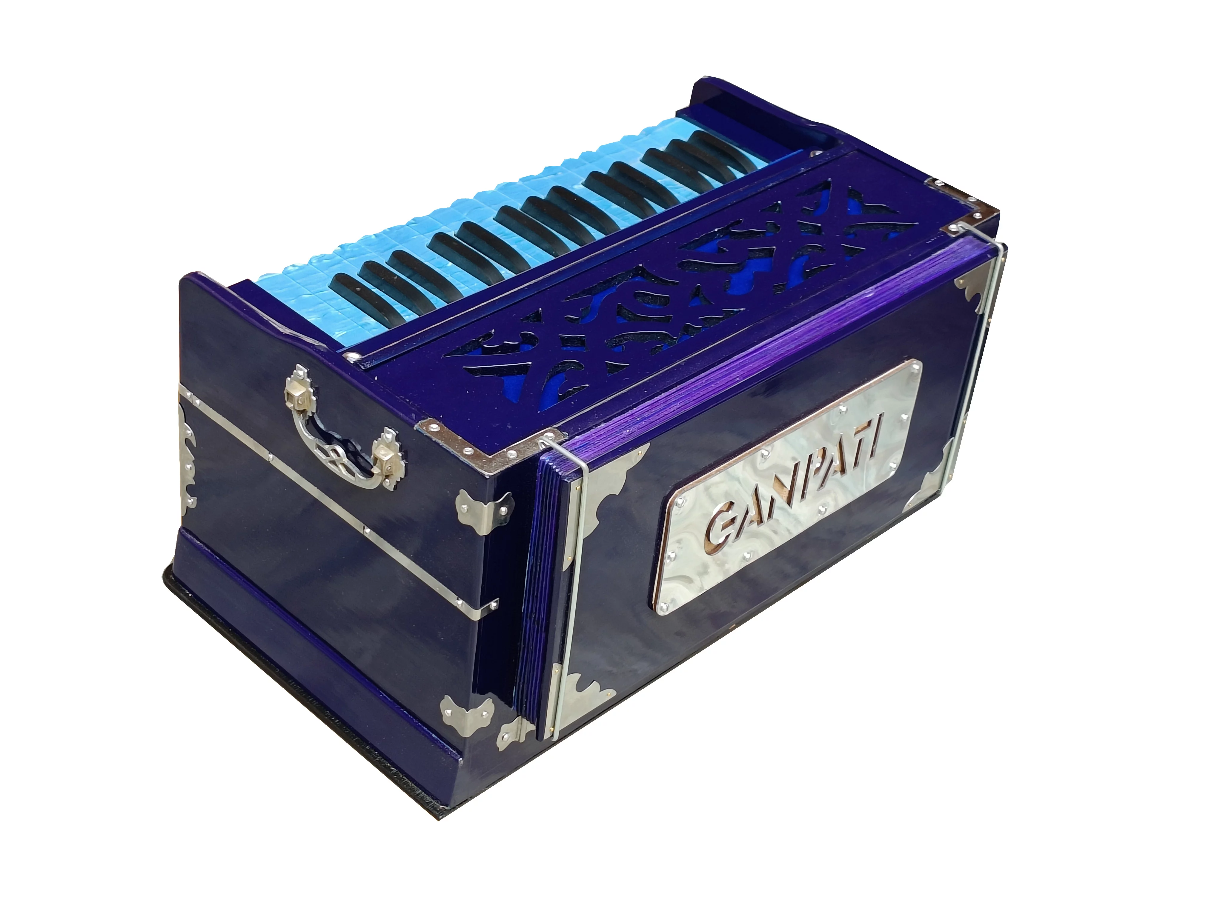 Harmonium Blue~2 Octaves~4 Stops~Double Reeds~440 Hz~32 Keys~7 Fold Bellow~Bhajan~Kirtan