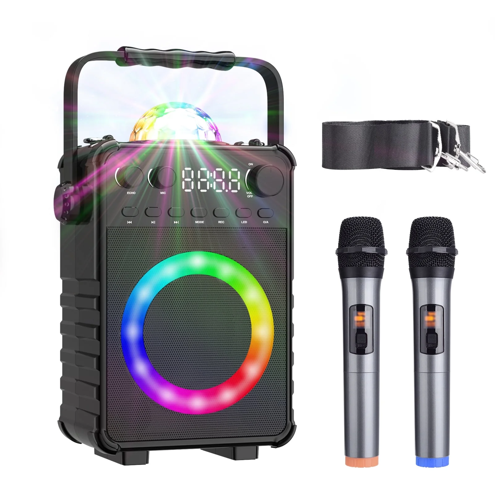BONAOK Karaoke Machine with 2 Wireless Microphones, Portable Bluetooth Speaker with  for Adults Kids Singing Machine with Disco LED Lights Gifts for Girls Boys Home Party