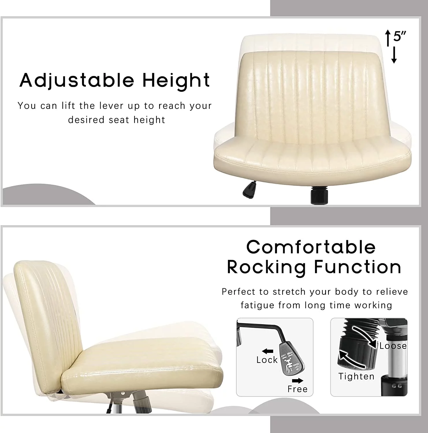 Vitesse Armless Desk Chair No Wheels with Ottoman,PU Leather Padded Modern Swivel Home Office Chair,Height Adjustable Wide Seat Cross Legged Computer Task Chair for Living Room Bedroom (Beige)