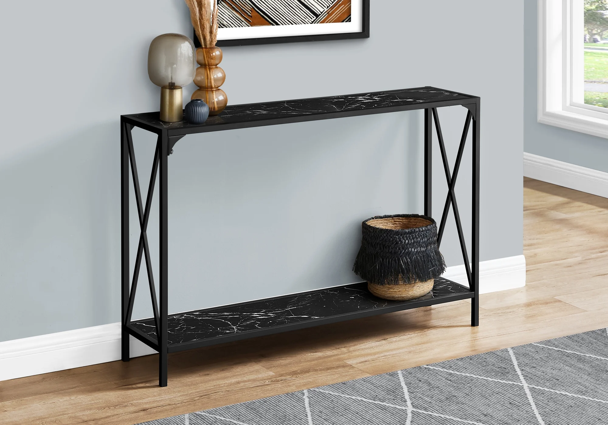 Monarch Specialties Accent Table, Console, Entryway, Narrow, Sofa, Bedroom, Black Marble Look