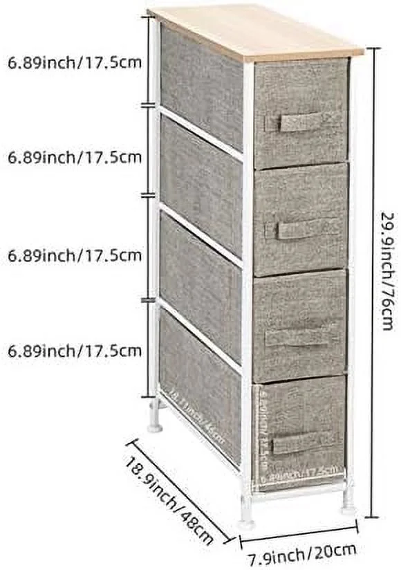 JDZHAPPYLIFE Narrow Dresser  Vertical  Unit with 4 Fabric Drawers  Metal Frame  Slim  Tower  7.9" Width  Linen/Natural Simple Market Basket  Stand Organizer