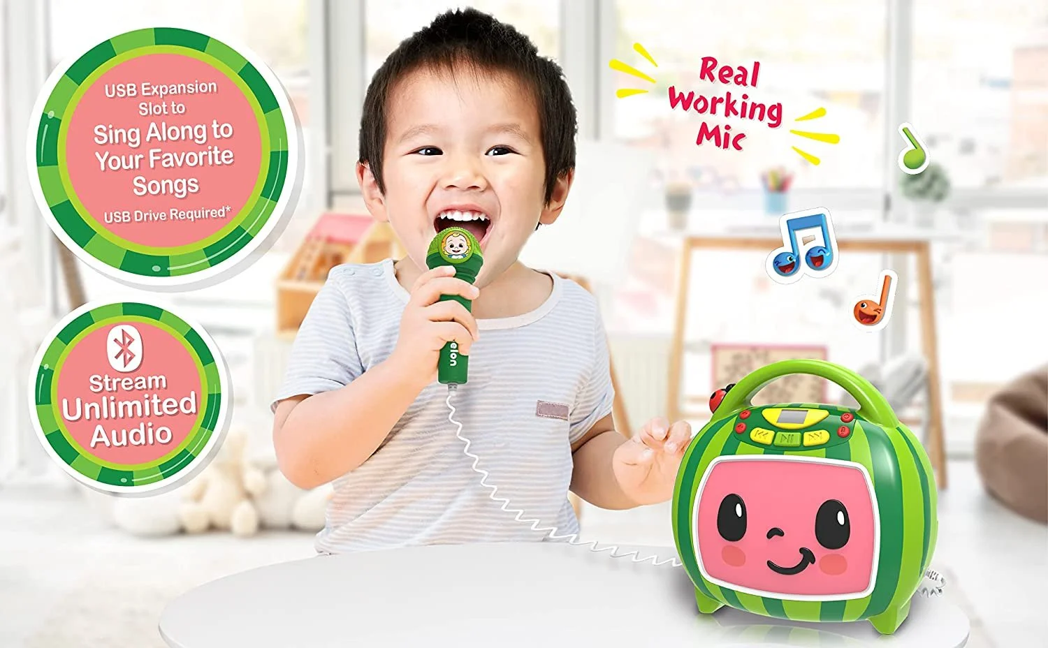 eKids Cocomelon Karaoke Machine, Portable Bluetooth Party Speaker with Microphone for Kids, Built-in Songs and USB Port to Play Music