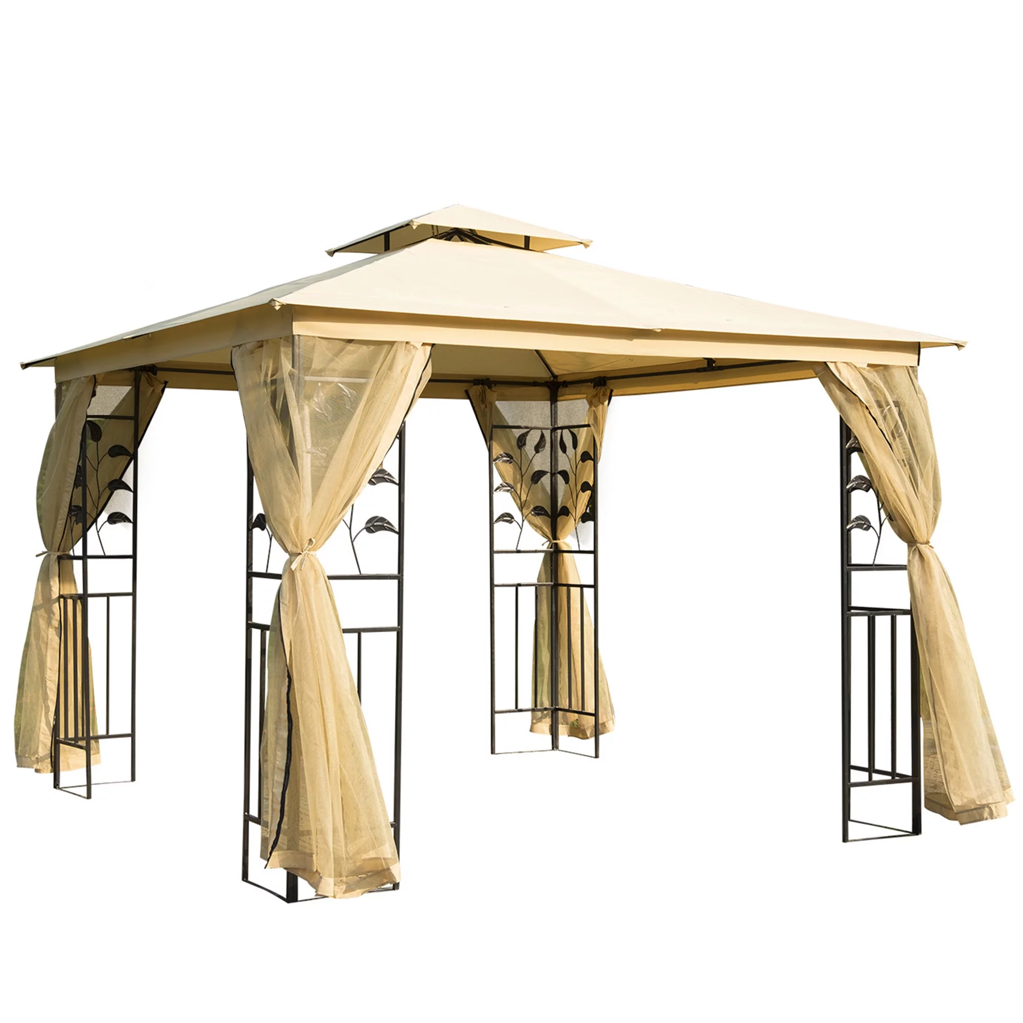 Homiyad 10' X 10' Metal Patio Gazebo, Double Roof Outdoor Gazebo Canopy Shelter with Tree Motifs Corner Frame and Netting, for Garden, Lawn, Backyard, and Deck, Beige