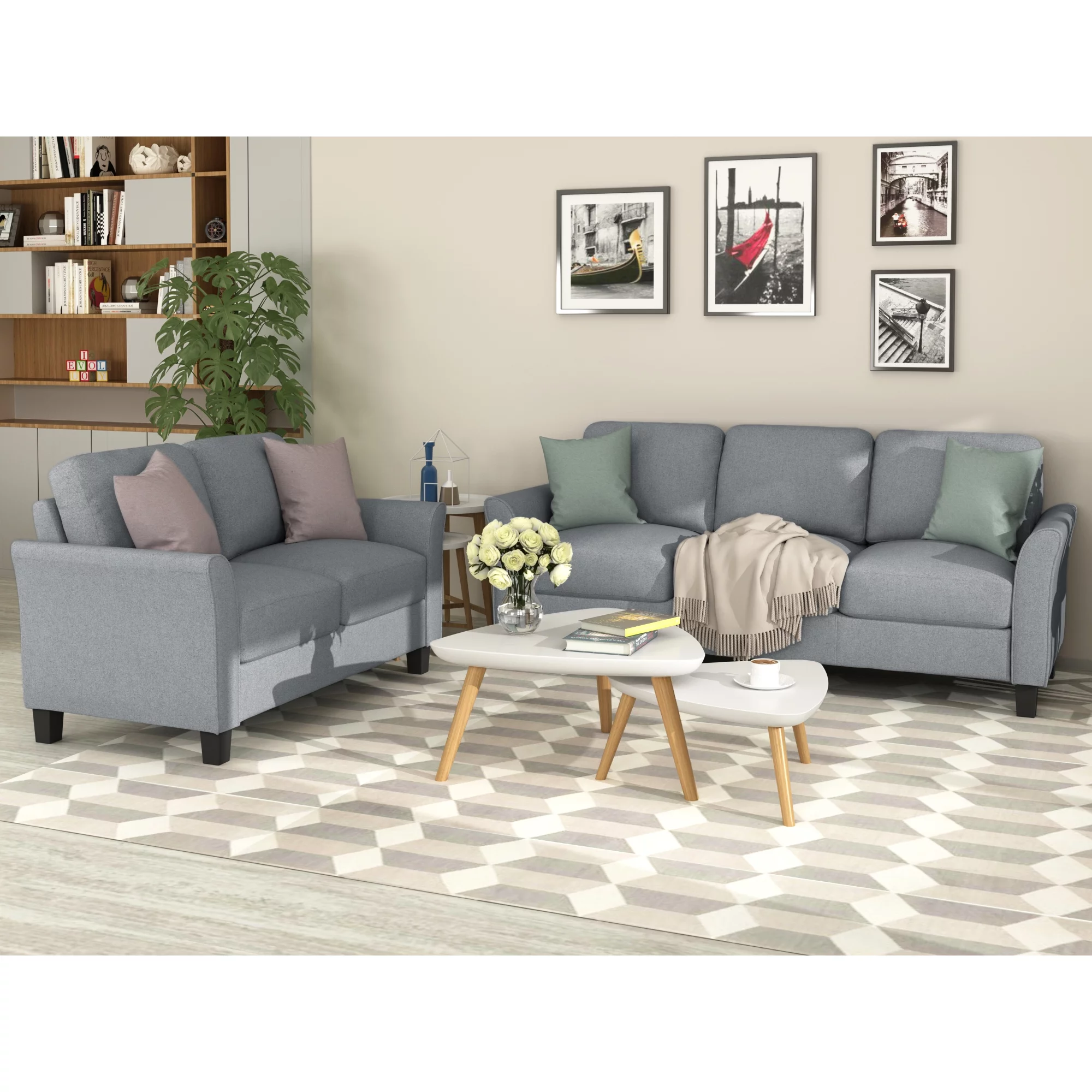 Dawn Whisper Living Room Furniture Loveseat Sofa and 3-seat Sofa, Gray