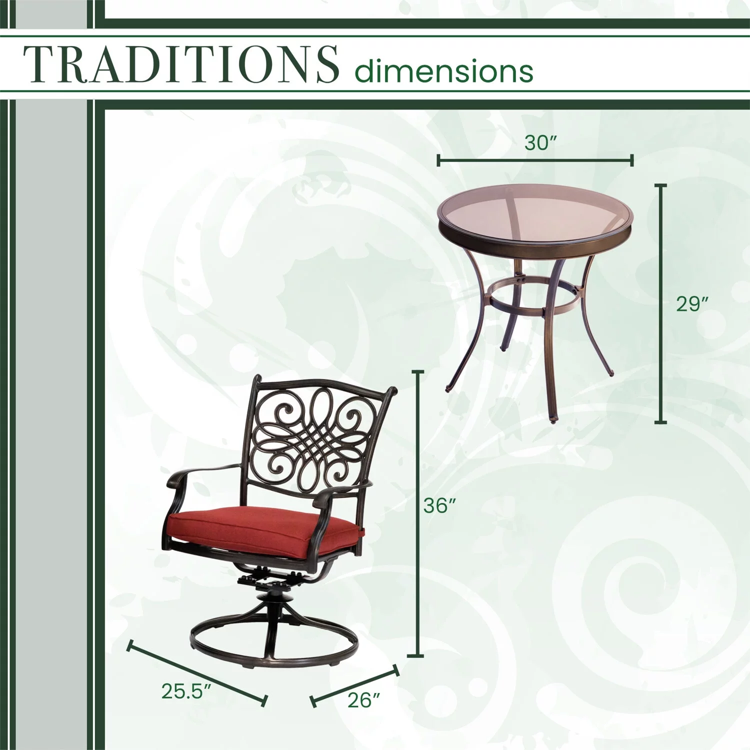 Hanover Traditions 3-Piece Swivel Bistro Set in Red with a 30 in. Glass-top Table