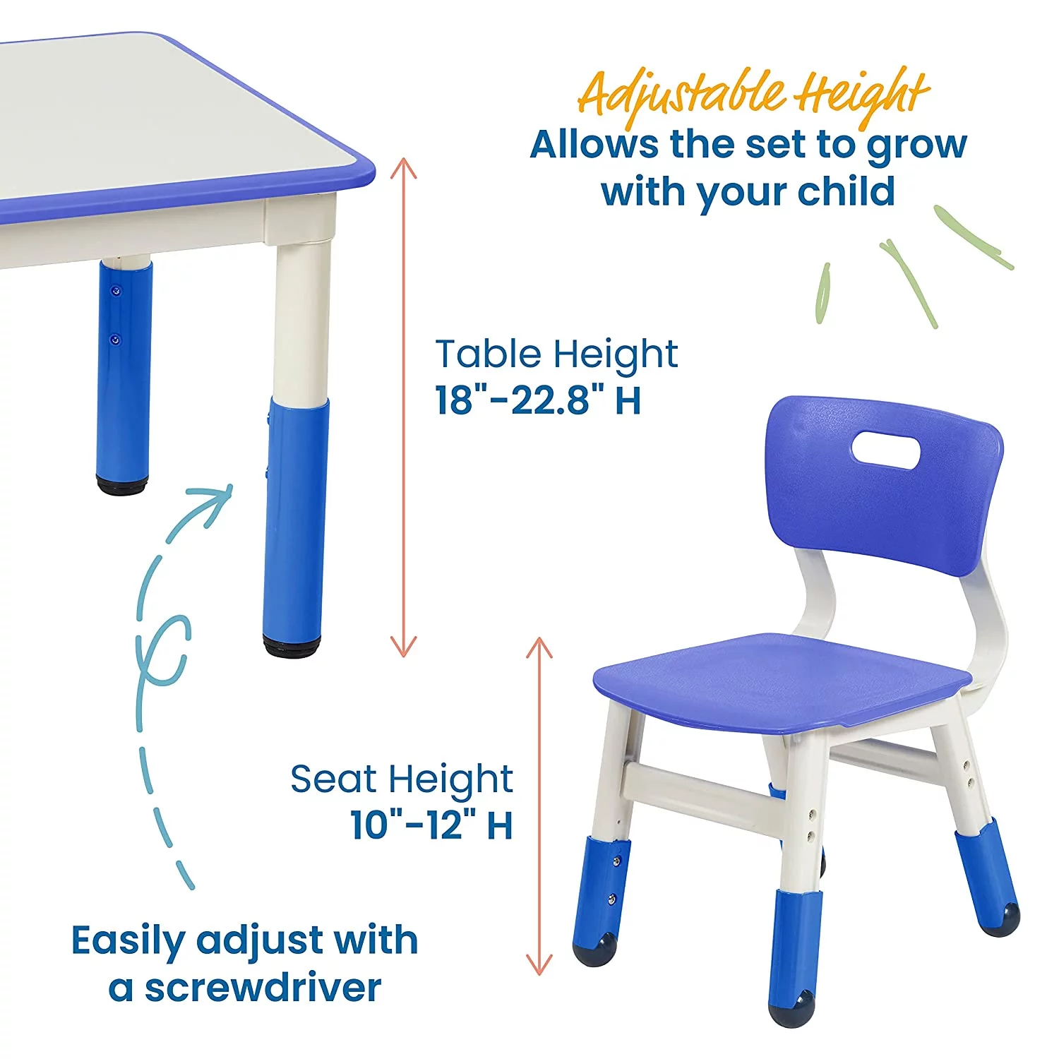 OUWI Dry-Erase Square Activity Table with 2 Chairs, Adjustable, Kids Furniture, Blue, 3-Piece